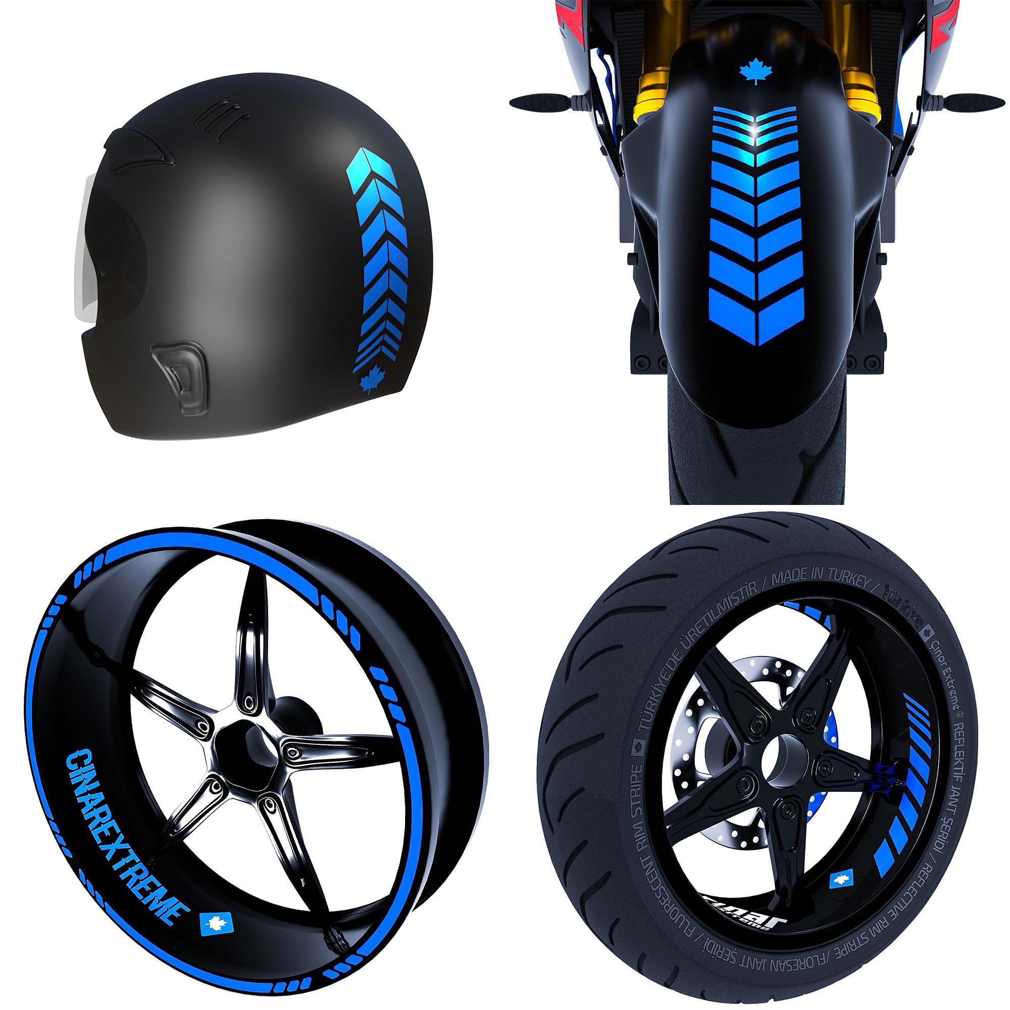 Moto Rider 4'lü Sticker Seti Azur Mavi İç Dış Jant Şeridi Kask ve