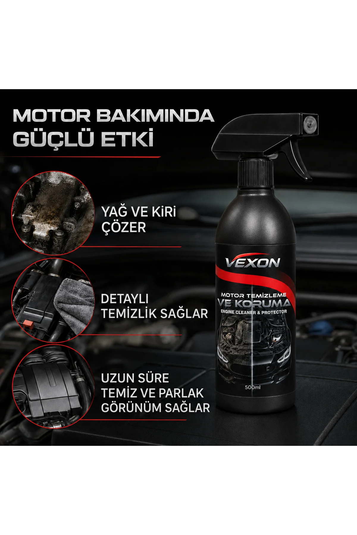 Motor Temizleyici ve Koruyucu Güçlü Etkili 500 ml – Yağ ve Kir Sökücü Motor Bakım Ürünü