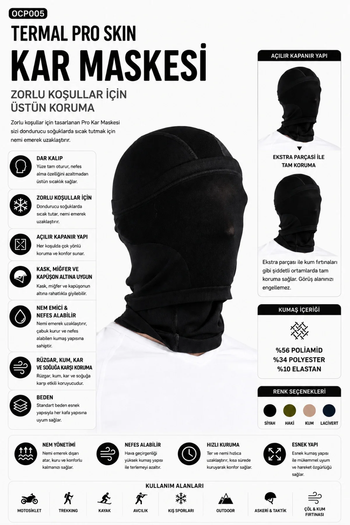 Motorcular Kuryeler Ve Kayakçılar İçin Tam Koruma Unisex Termal Pro Skin Kar Maskesi