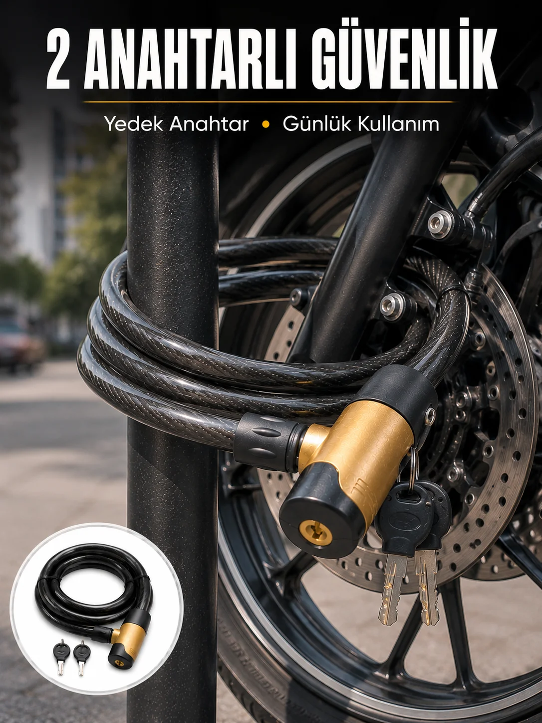 Motosiklet, Bisiklet ve Elektrikli Scooter İçin Ağır Hizmet Tipi Çelik Halat Kilidi