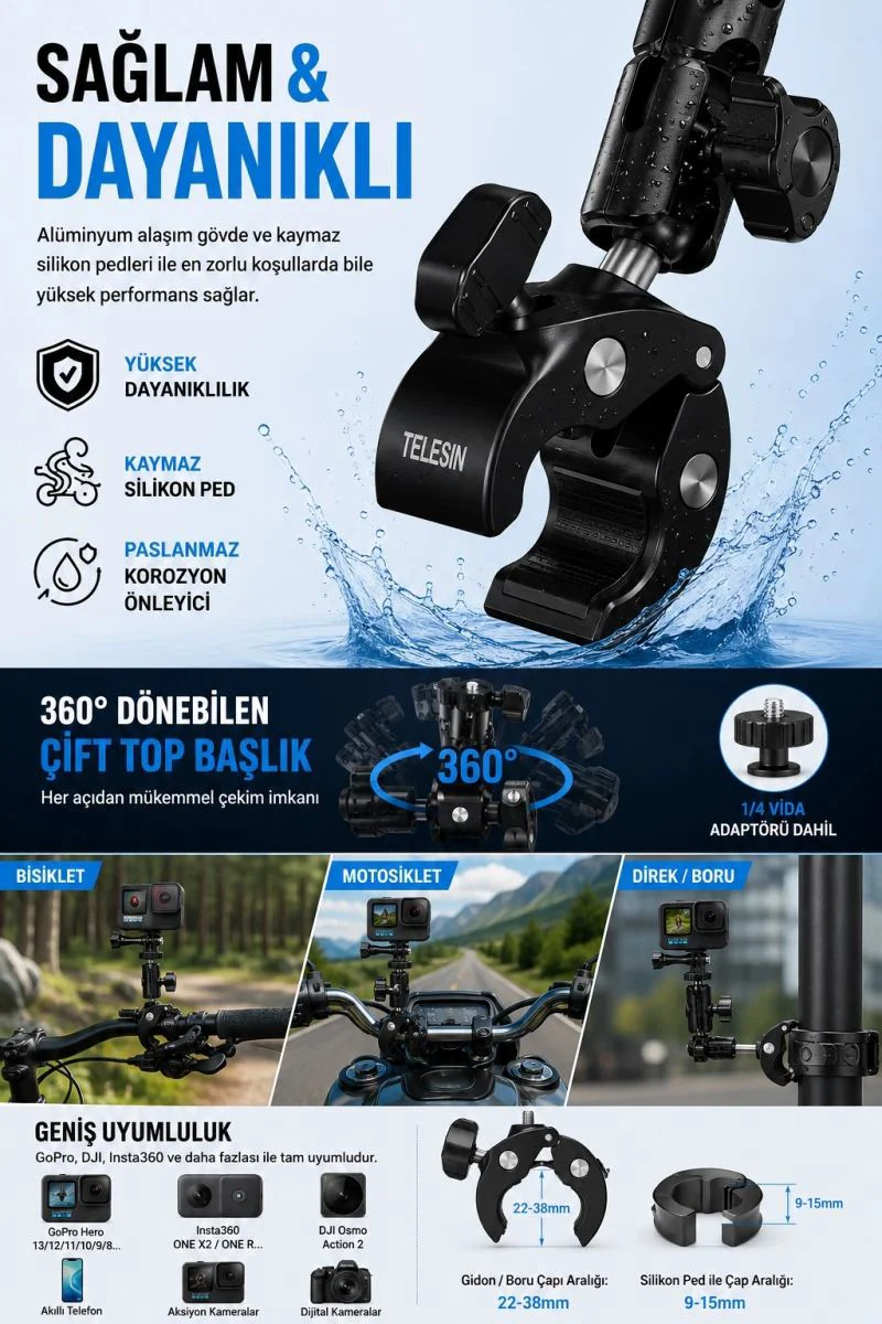 Motosiklet Bisiklet Gidon Kamera Montaj Si 360° Döner Metal Tutucu Fiyatı, Yorumları ve Özellikleri