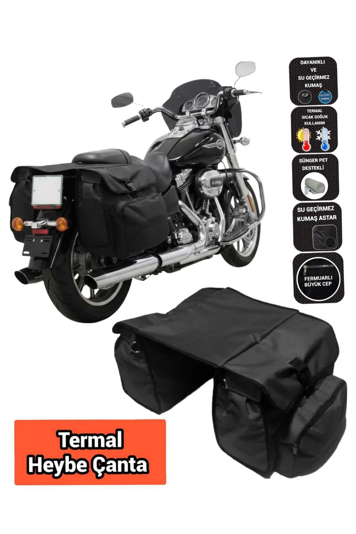 MOTOSİKLET HEYBE ÇANTASI TERMAL TERMOSLU CEPLİ SİYAH