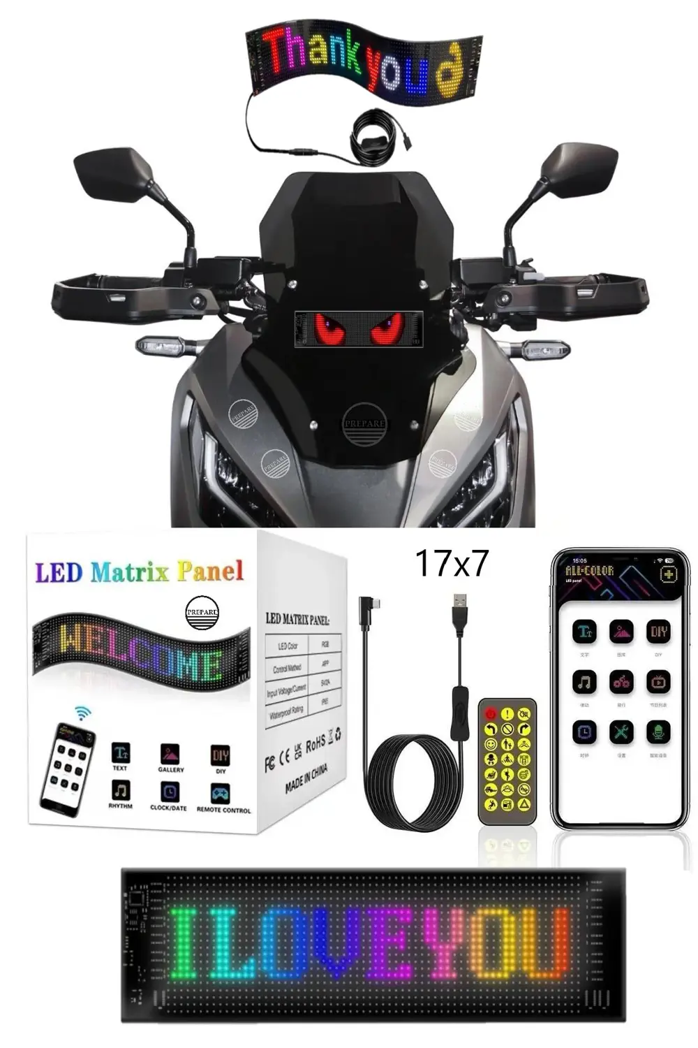 Motosiklet İçin Led Matrx Panel 17.3x7 cm RG-B Ekran Kumandalı Ap