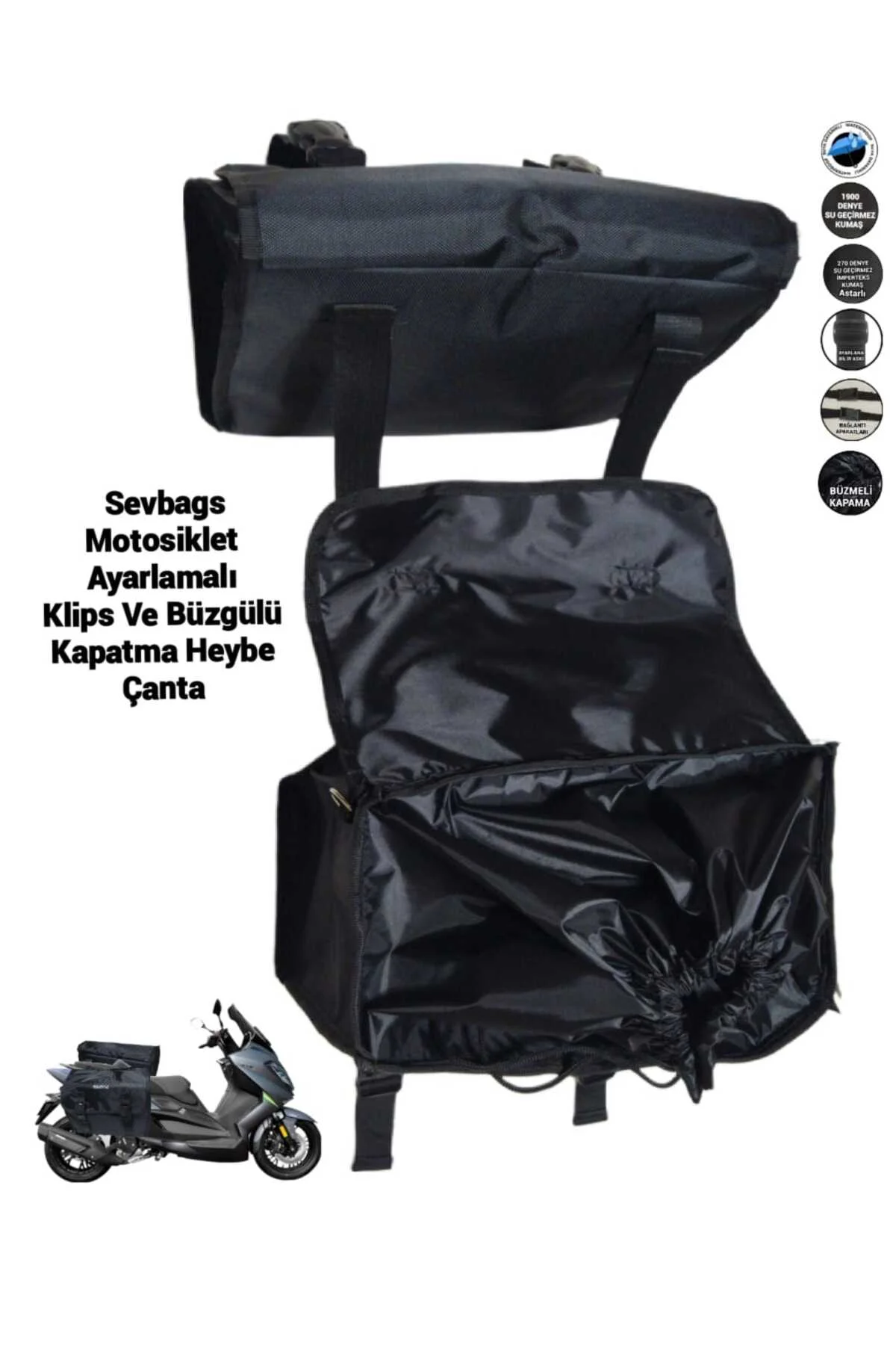 Motosiklet Kolon Askı Ayarlamalı, Klipsli Ve Büzgülü Kapama Heybe
