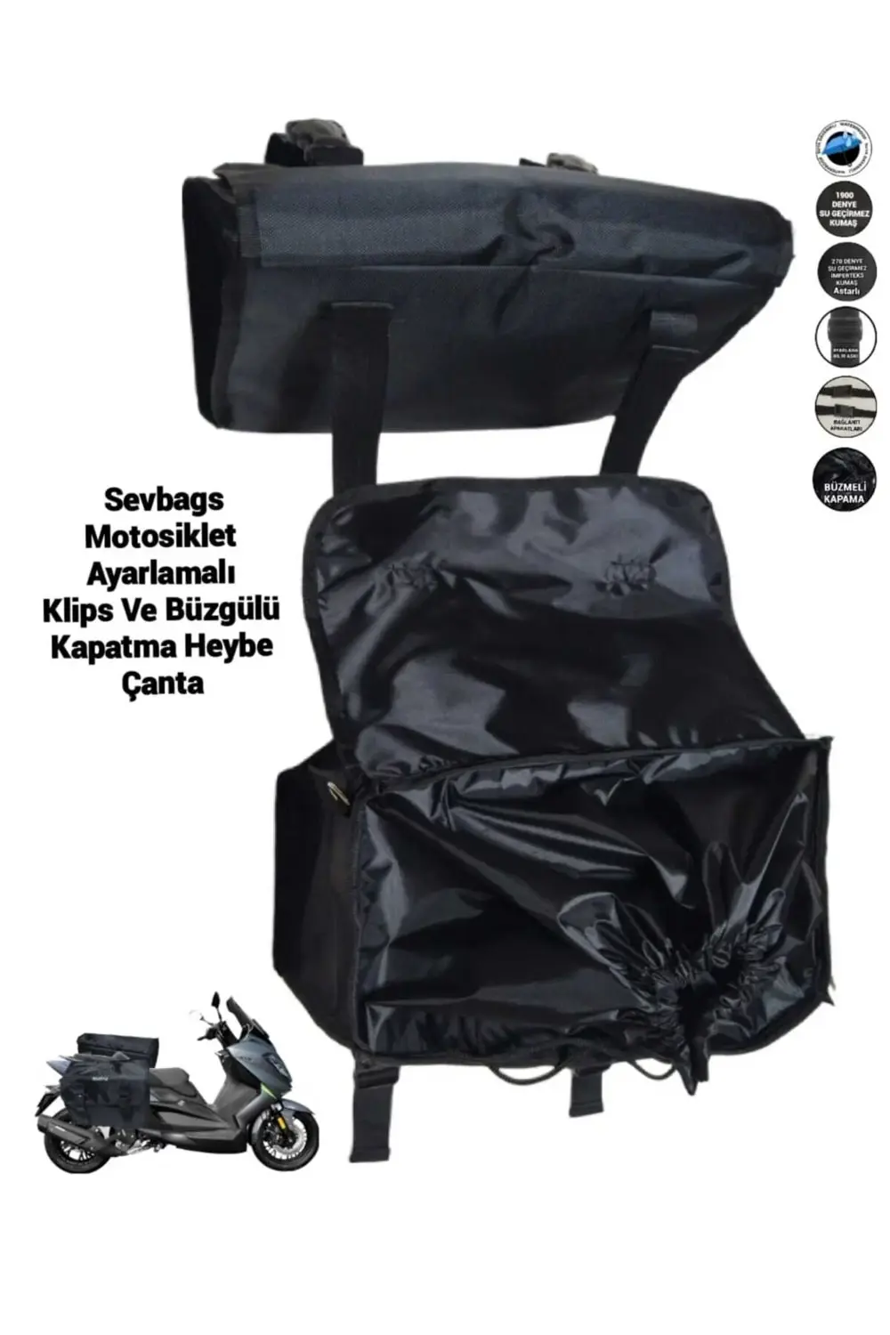 Motosiklet Kolon Askı Ayarlamalı, Klipsli Ve Büzgülü Kapama Heybe