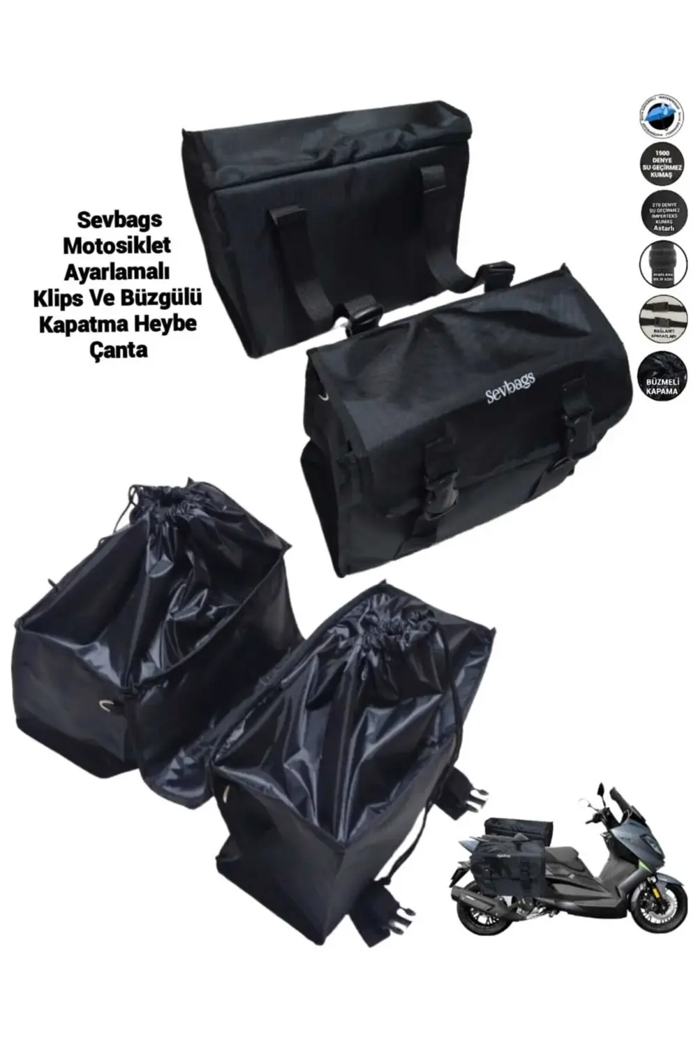 Motosiklet Kolon Askı Ayarlamalı, Klipsli Ve Büzgülü Kapama Heybe