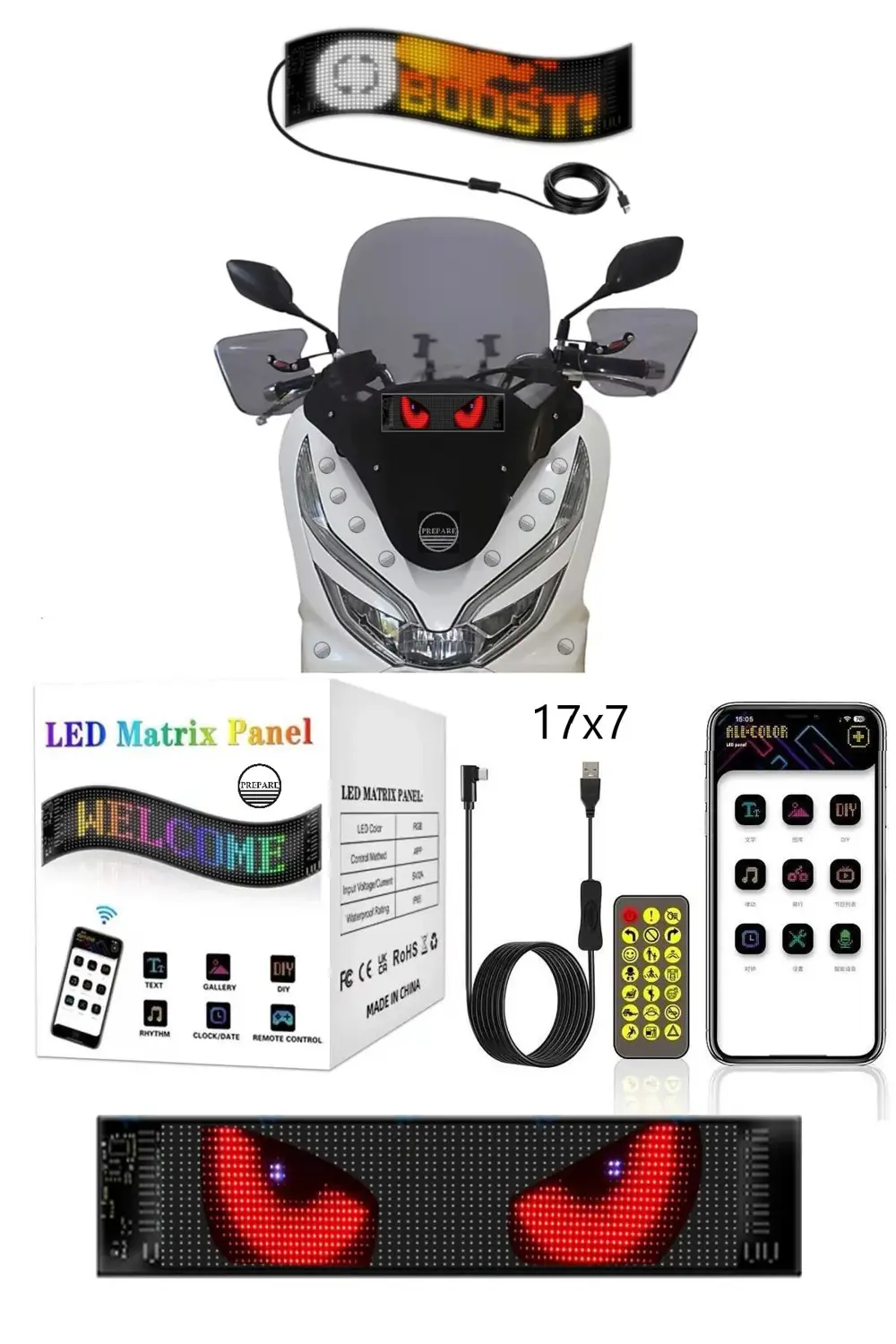 Motosiklet Uyumlu Led Matrx Panel 17x7 cm RG-B Ekran Kumandalı Ap