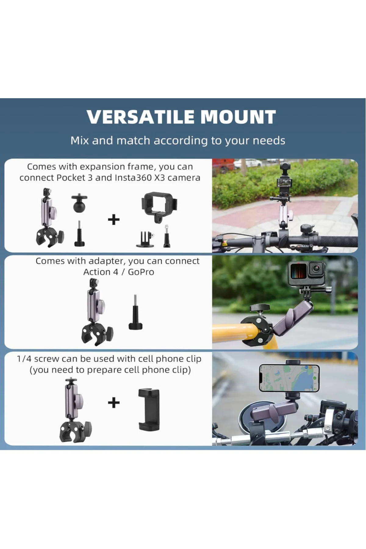 Motosiklet ve Bisiklet İçin Kamera Montaj Kelepçesi GoPro - DJI - Insta360