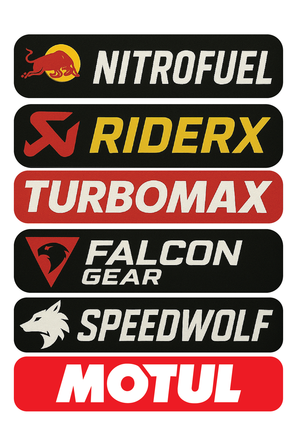MOTUL, RAİDERX, TURBOMAX, FALCON GEAR, SPEEDWOLF MOTOSİKLET STİCKER ETİKET
