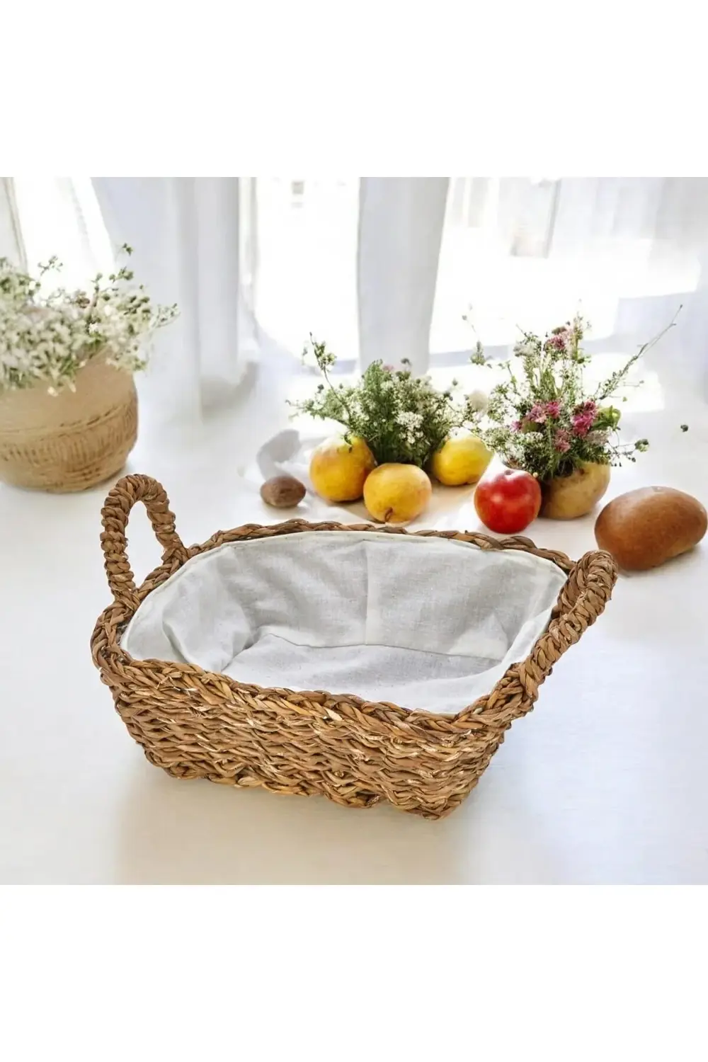 MoysHops El Yapımı Hasır Kulplu Çok Amaçlı Dekoratif Kare Sepet,