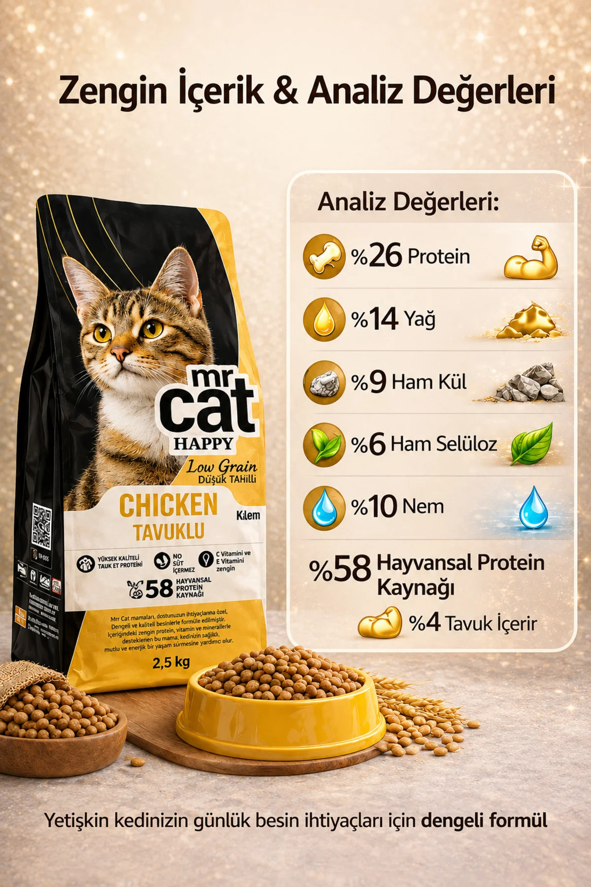 Mr. Cat Happy Tavuklu Yetişkin Kedi Maması 2,5 Kg - %58 Hayvansal