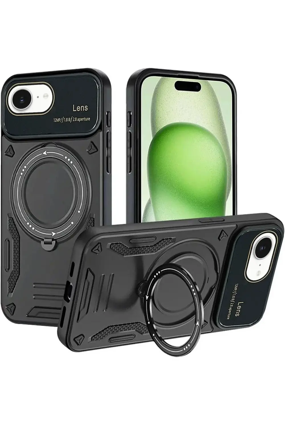 mrpurple iPhone 16E Kılıf Joy Lens Standlı Kapak - Siyah-(5796)