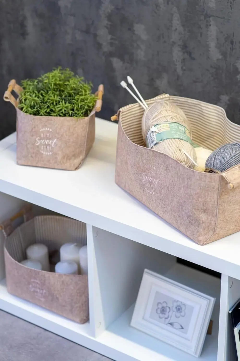 mrtshoppng Keçe Tahta Saplı Düzeleyici Sepet - Çok Amaçlı Saklama