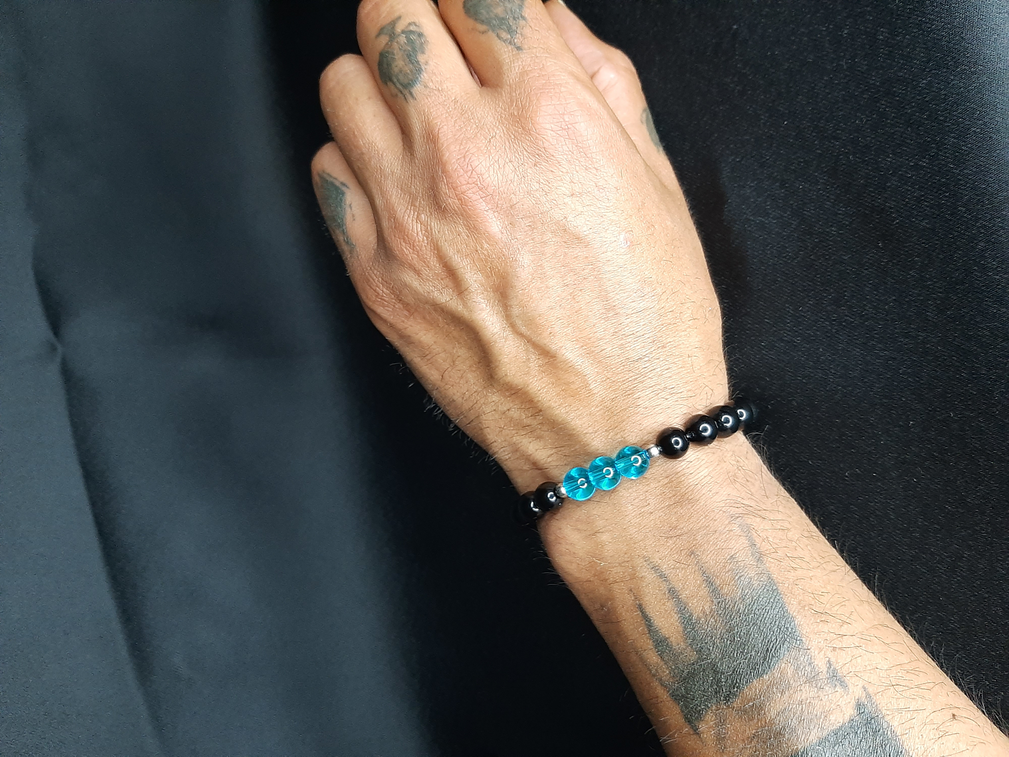 MRYart Doğal Görünümlü Siyah Hematit & Mavi Cam Boncuklu El Yapımı Bileklik - Unisex