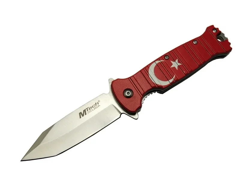 Mtech 4-8-4 TC Kırmızı Kamp Çakı 21,5cm- Manuel, Ay Yıldız Desenli, Kemerlikli