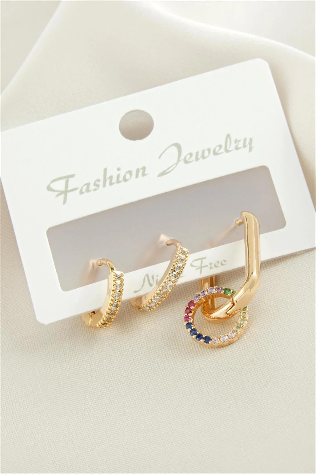 MTXDPN 3 Adet Halka Zirkon (172112) Taşlı Küpe-Sarı