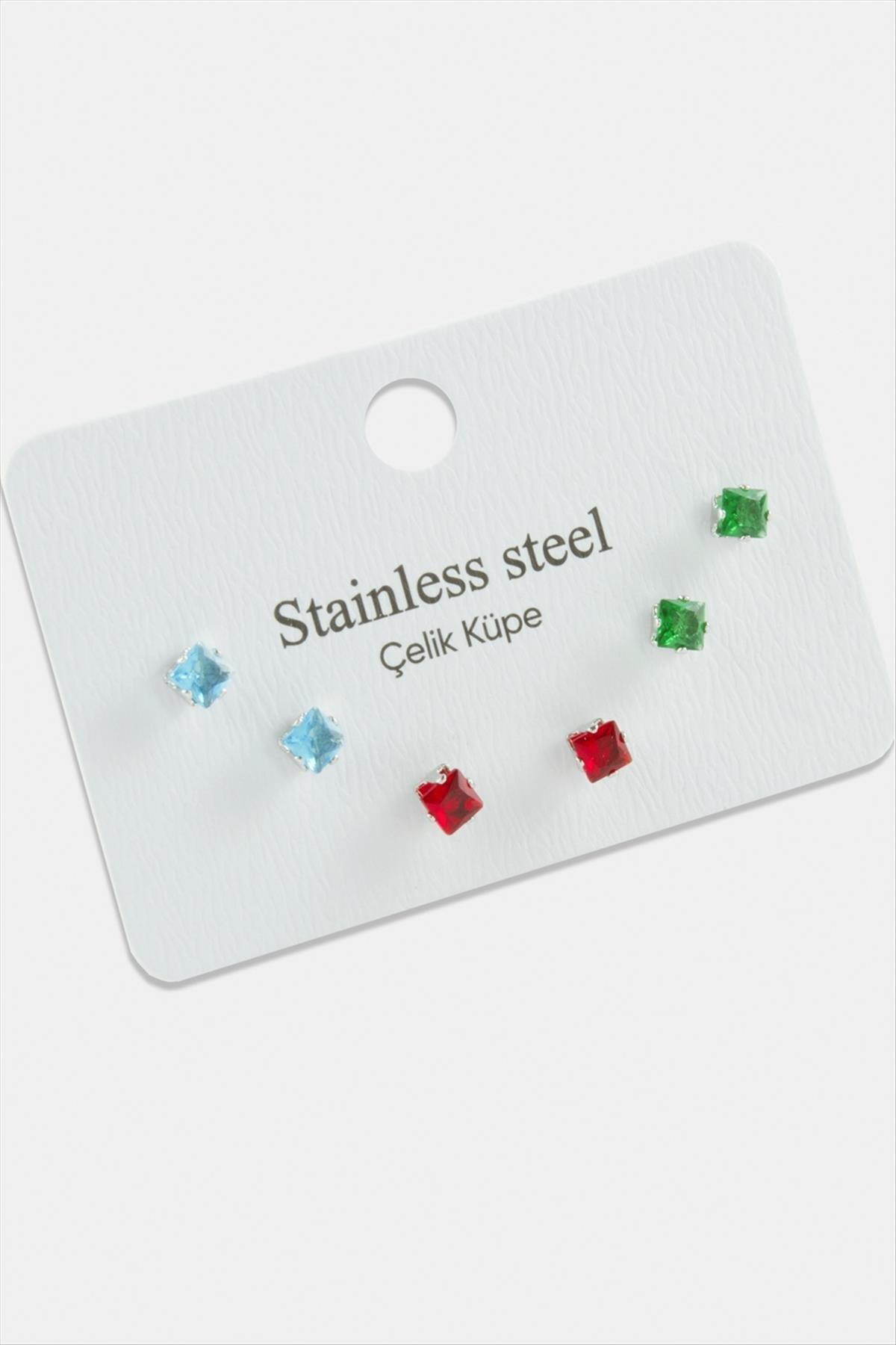 MTXDPN 6 Adet Kare Zirkon Tek Taşlı Çelik (174610) Küpe-Gümüş Ren