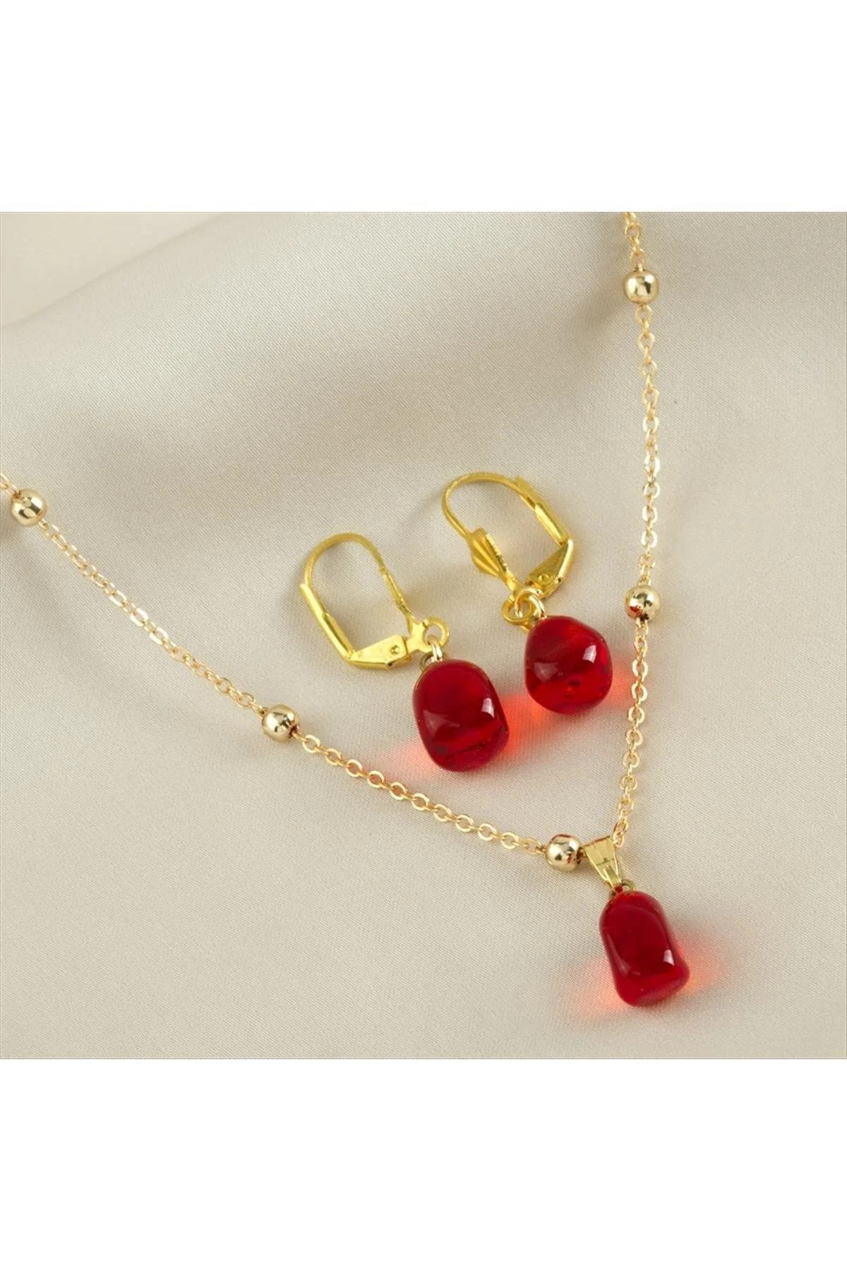 MTXDPN Cam Sanatı Murano Nar Tanesi Kutulu (180642) Set Kolye-Kır