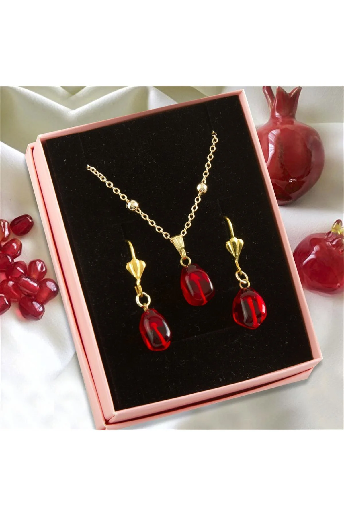 MTXDPN Cam Sanatı Murano Nar Tanesi Kutulu (180642) Set Kolye-Kır