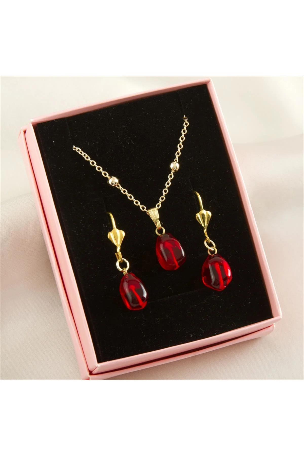 MTXDPN Cam Sanatı Murano Nar Tanesi Kutulu (180642) Set Kolye-Kır