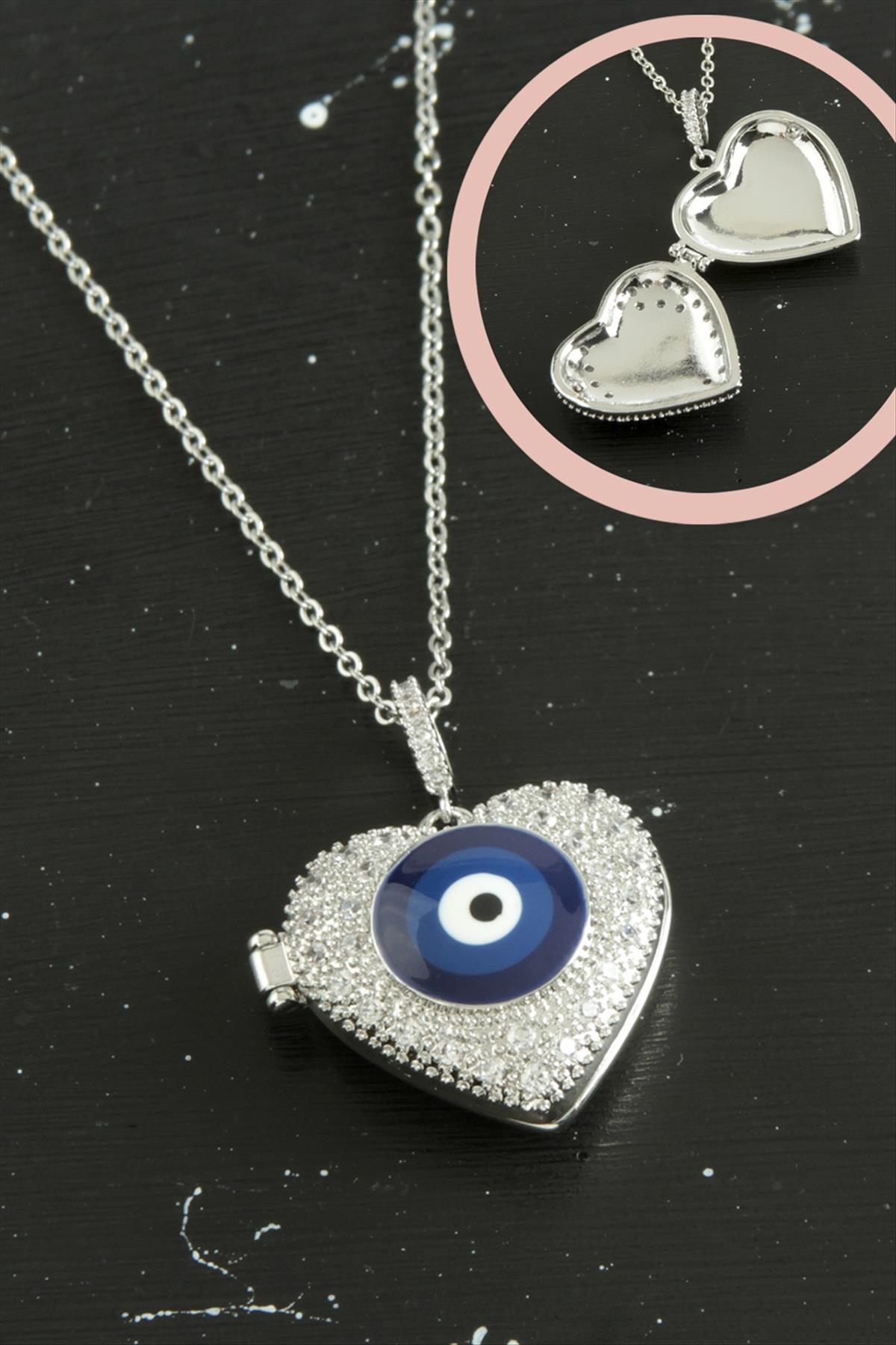 MTXDPN Kalp Nazar Kapaklı Zirkon Taşlı Çelik (155540) Kolye-Gümüş