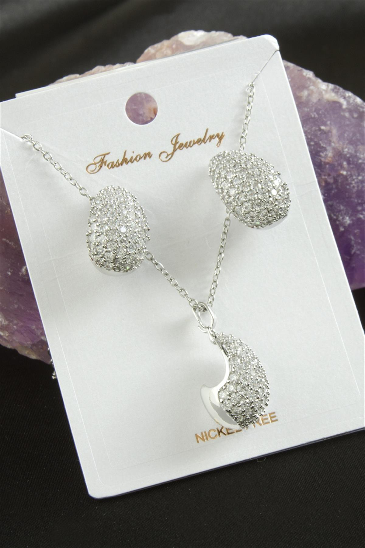 MTXDPN Oval Zirkon Taşlı Lüks Set (152114) Kolye-Gümüş Rengi