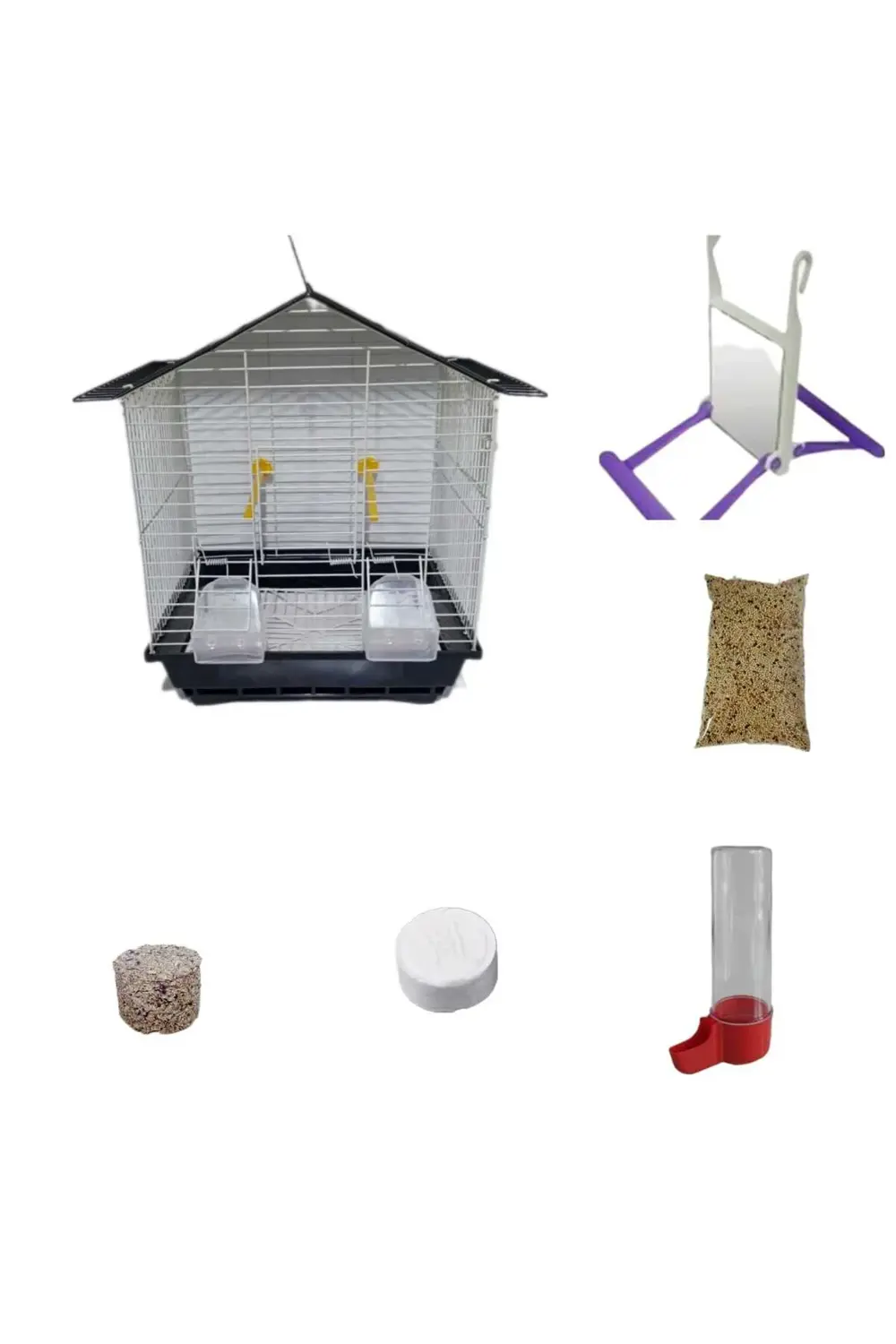muhabet kuş kafes seti kafes yem kum blok gaga taşı aynalı tünek