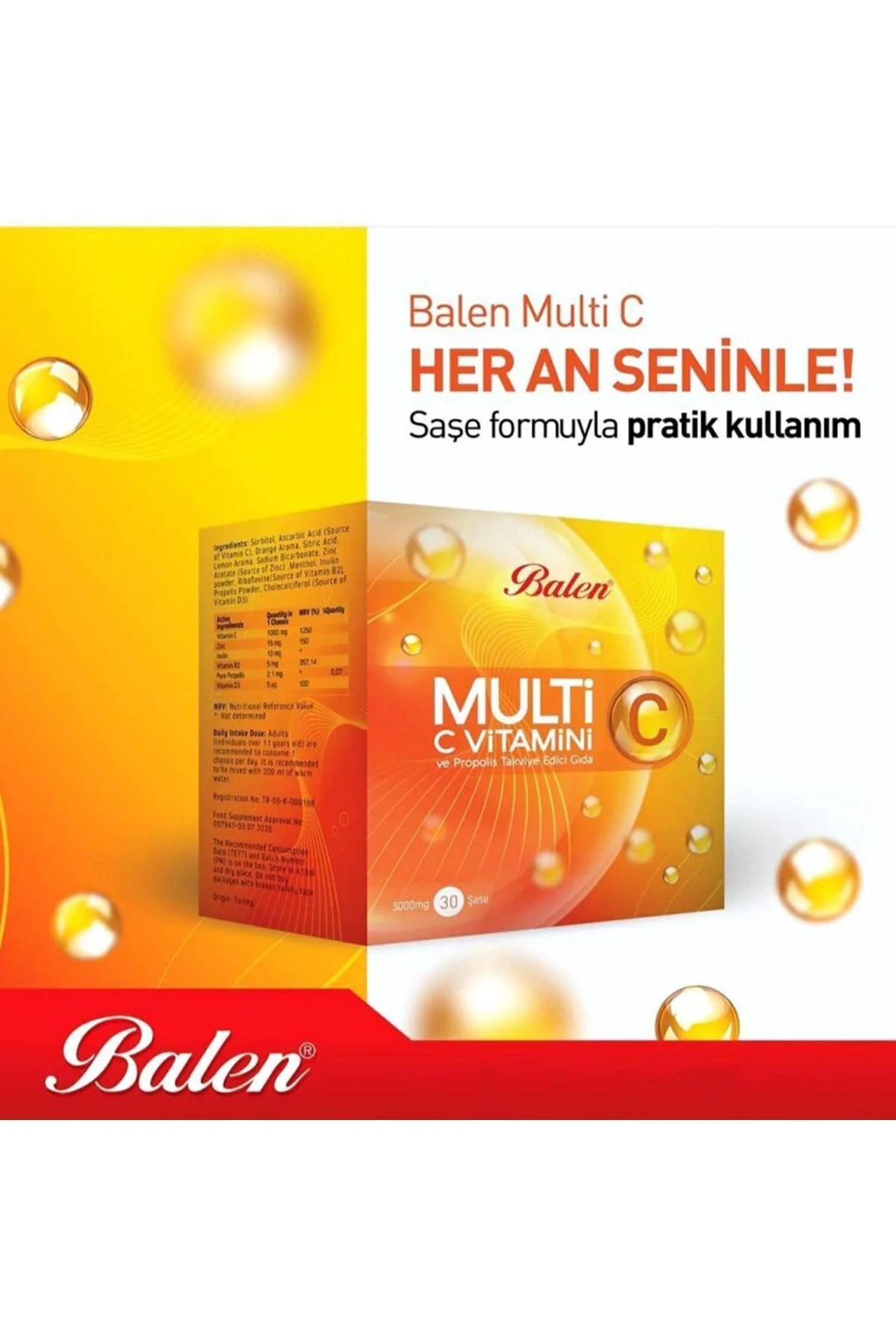 Multi C Vitamini Propolis D3 Ve Çinko 3000mg ( 30 Şase )