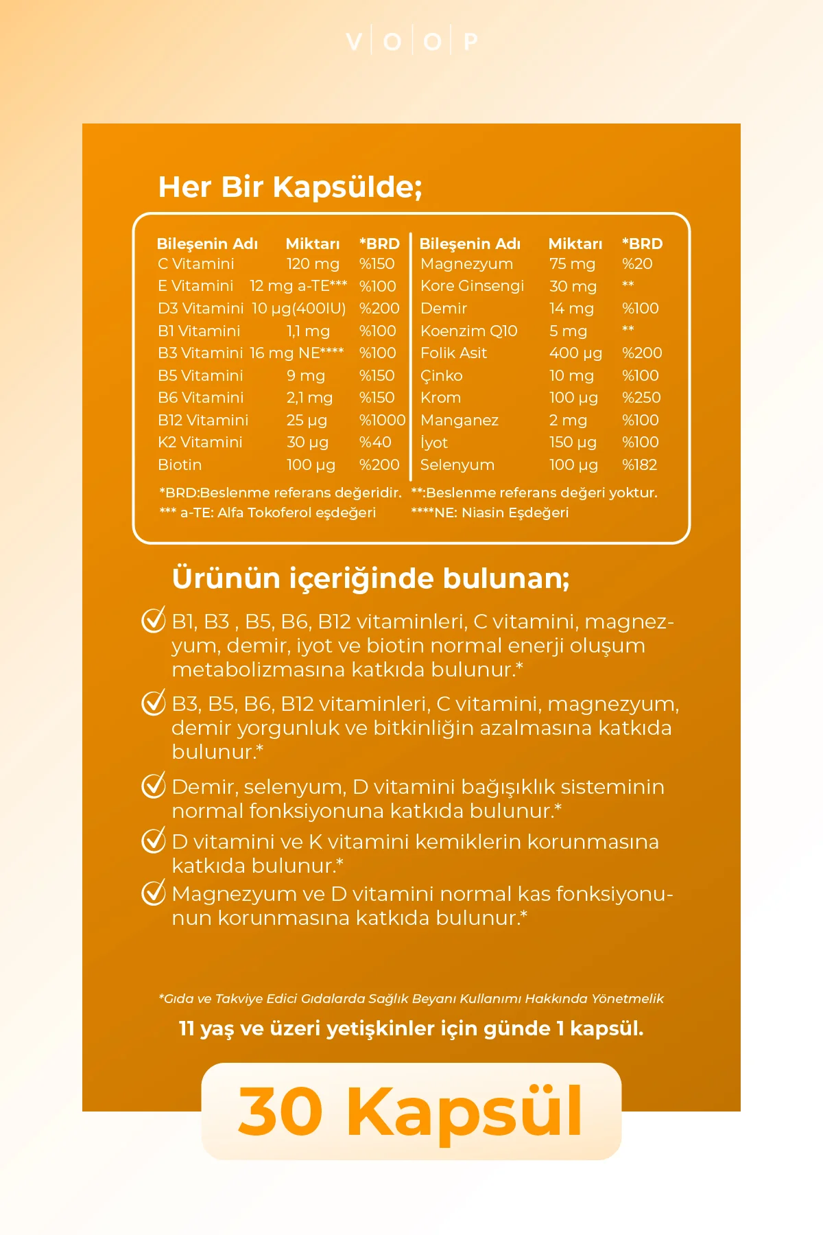 Multi Vitamin & Mineral - 30 Kapsül ( 11 Vitamin & 9 Mineral ) Fiyatı, Yorumları ve Özellikleri