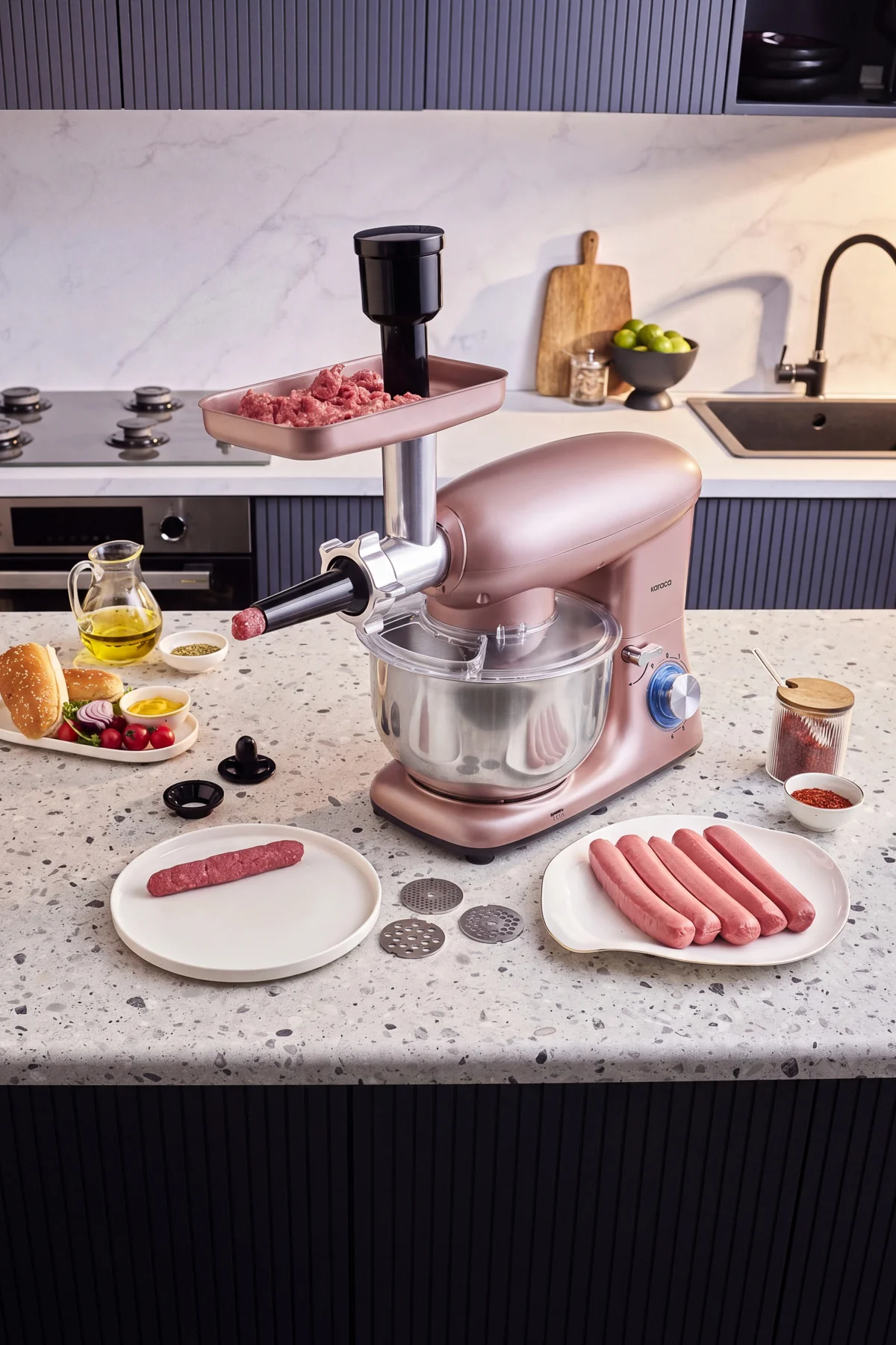 Multichef Stand Mikser Rosegold Mutfak Şefi 1900w 5,5l Kıyma Çekme Sucuk-sosis Içli Köfte Ap. Multichef Stand Mikser Rosegold Mutfak Şefi 1900w 5,5l Kıyma Çekme Sucuk-sosis Içli Köfte Ap.