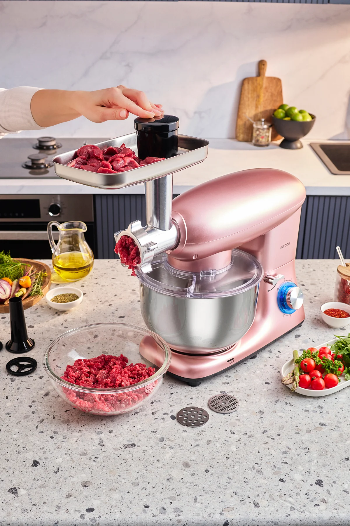Multichef Stand Mikser Rosegold Mutfak Şefi 1900w 5,5l Kıyma Çekme Sucuk-sosis Içli Köfte Ap. Multichef Stand Mikser Rosegold Mutfak Şefi 1900w 5,5l Kıyma Çekme Sucuk-sosis Içli Köfte Ap.