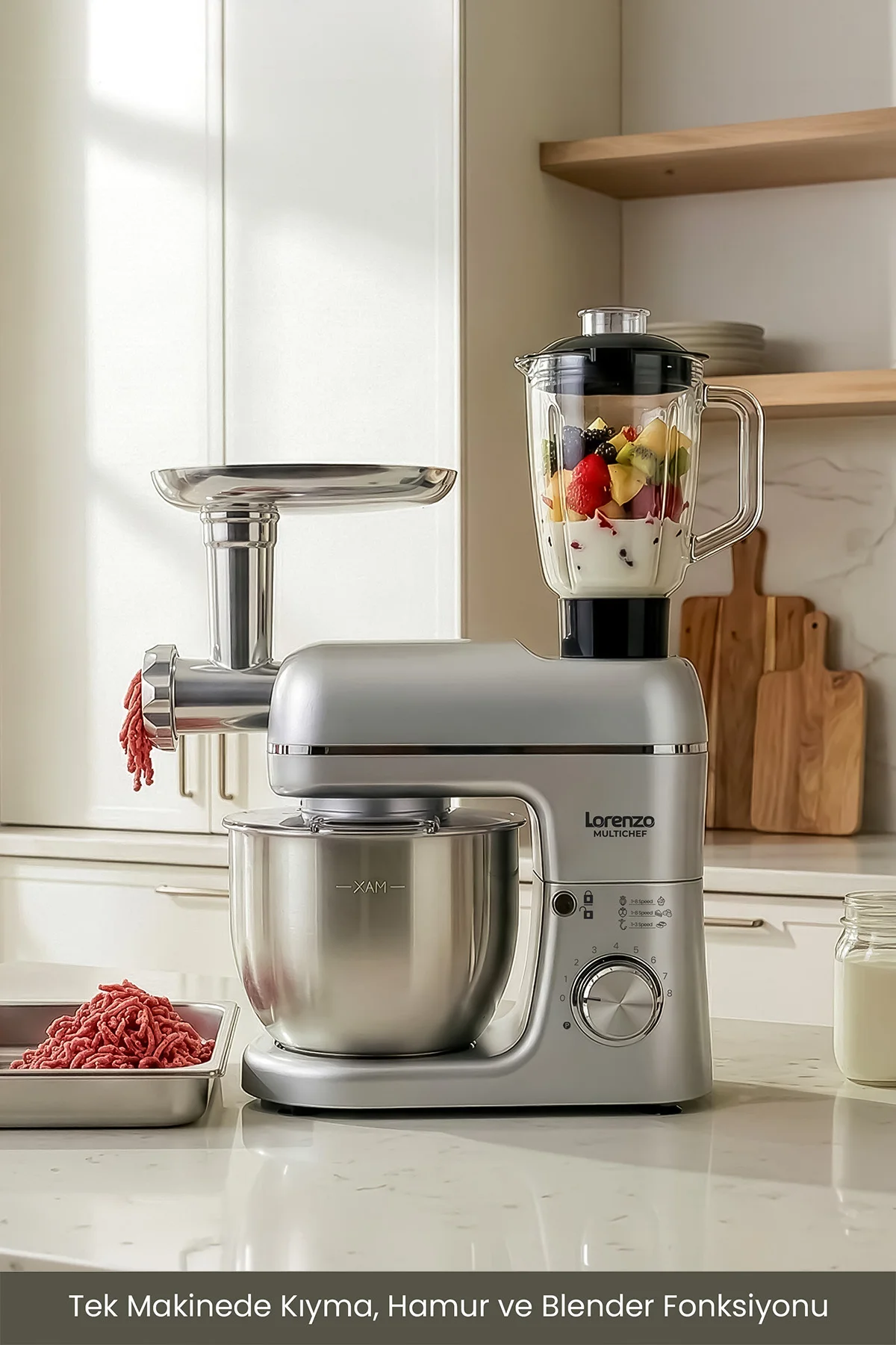 Multichef Stand Mixer 3in1 Hamur Yoğurma Blender Et Kıyma Makinesi Multichef Stand Mixer 3in1 Hamur Yoğurma Blender Et Kıyma Makinesi Fiyatı, Yorumları ve Özellikleri