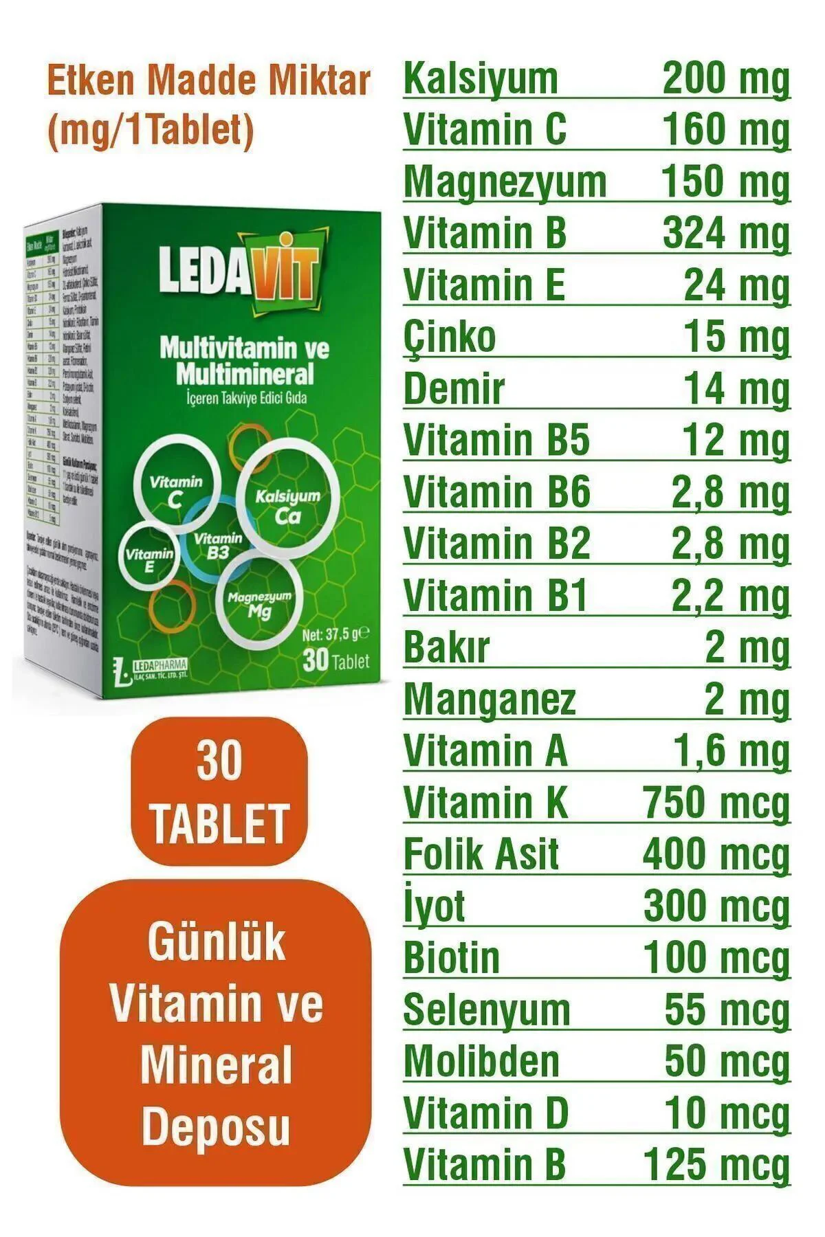 Multivitamin Mineral 30 Tablet (KALSİYUM MAGNEZYUM ÇİNKO DEMİR VB