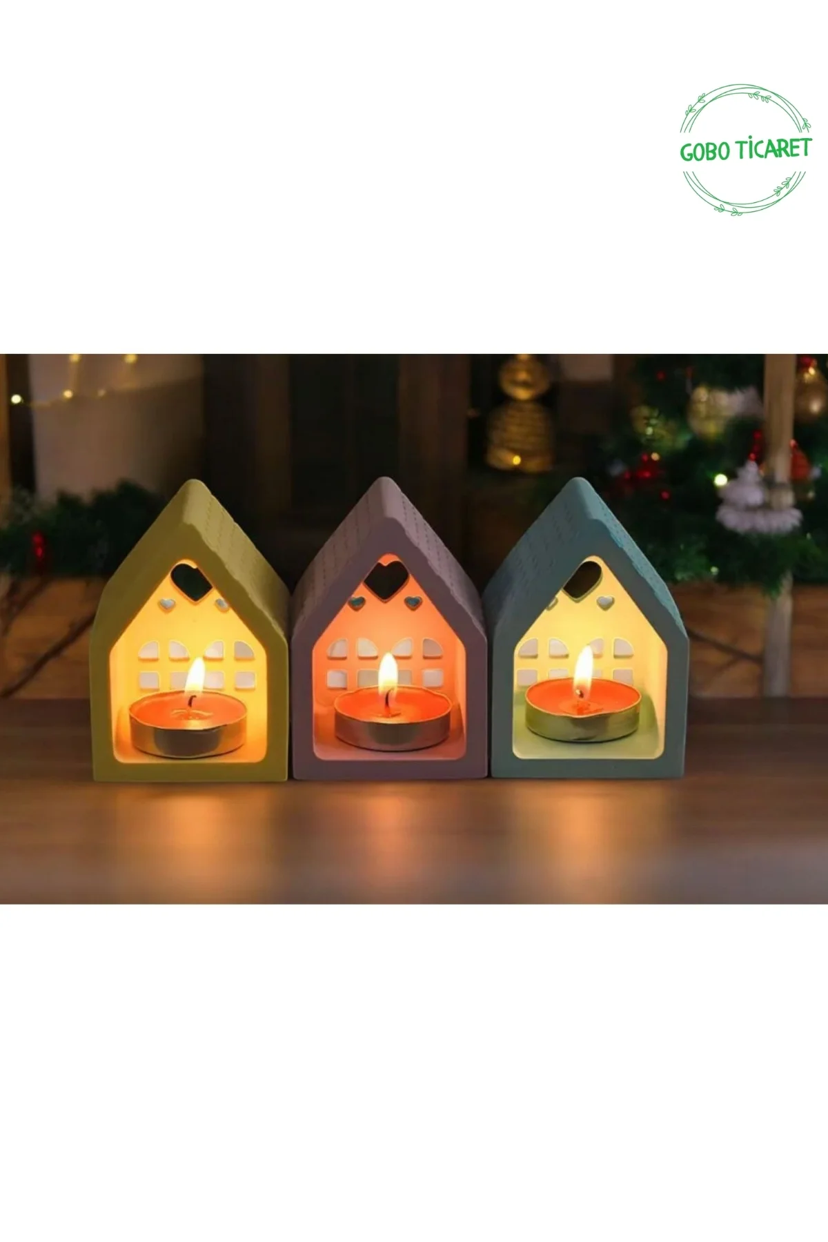 Mum Hediyeli 3'lü Renkli Ev Mumluk Seti – Dekoratif Loş Aydınlatm