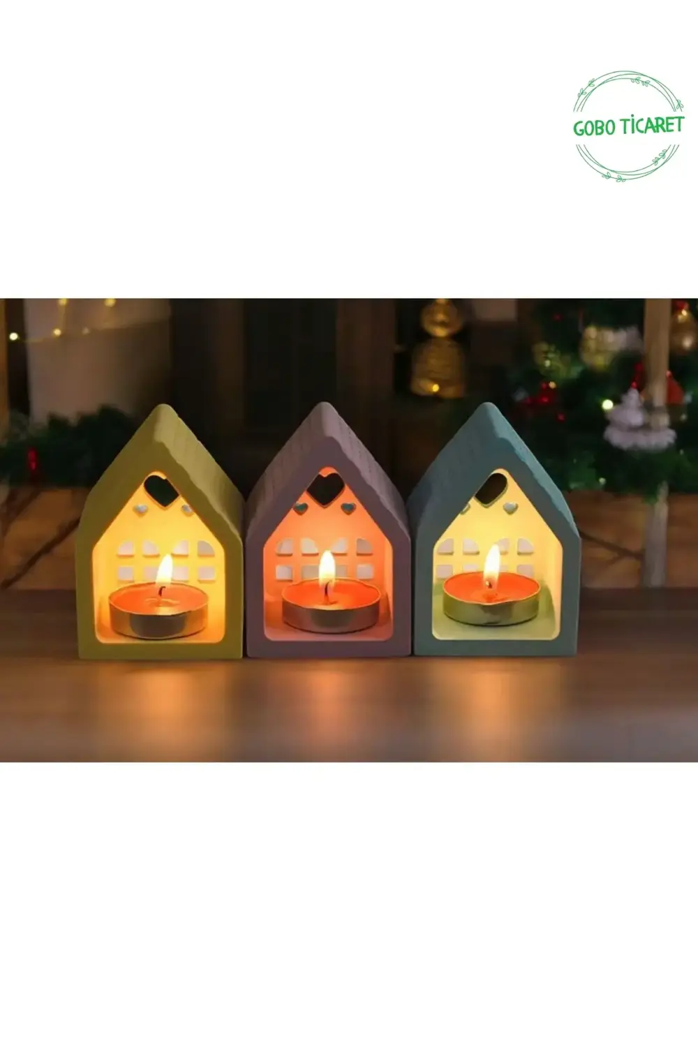 Mum Hediyeli 3'lü Renkli Ev Mumluk Seti – Dekoratif Loş Aydınlatm