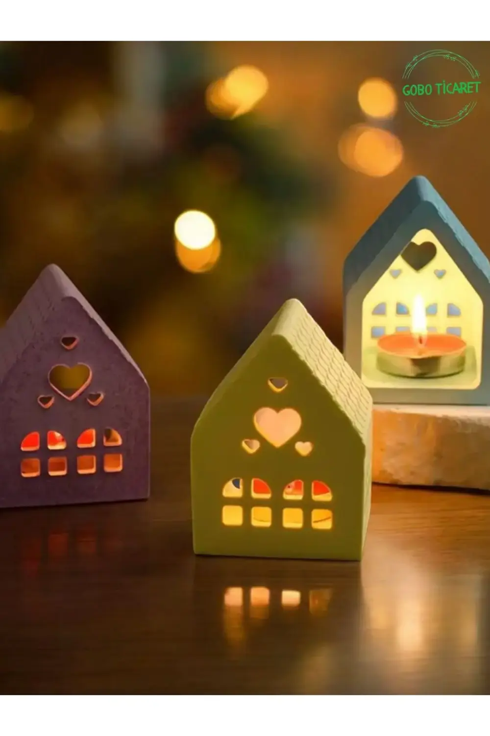 Mum Hediyeli 3'lü Renkli Ev Mumluk Seti – Dekoratif Loş Aydınlatm
