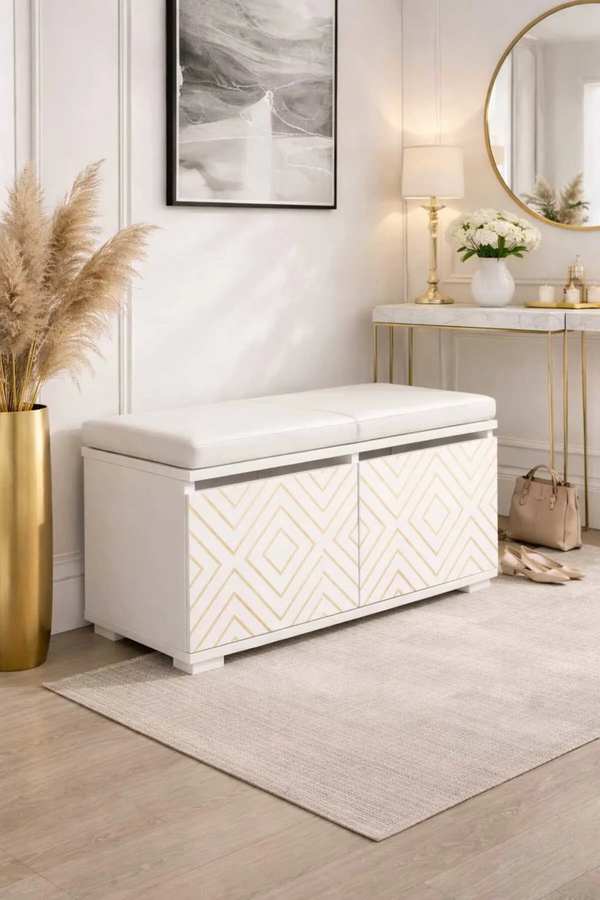MURANO 80 cm Minderli Oturaklı Ayakkabılık | 2 Kapaklı Beyaz Ayak