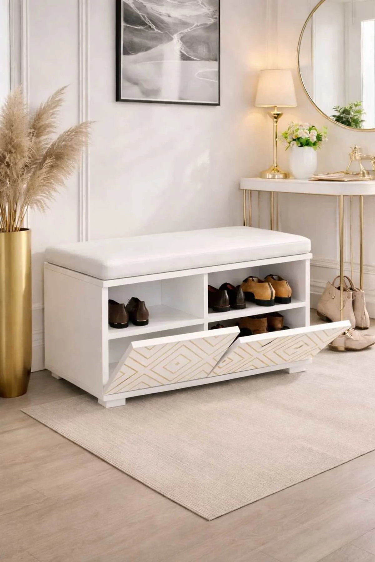 MURANO 80 cm Minderli Oturaklı Ayakkabılık | 2 Kapaklı Beyaz Ayak