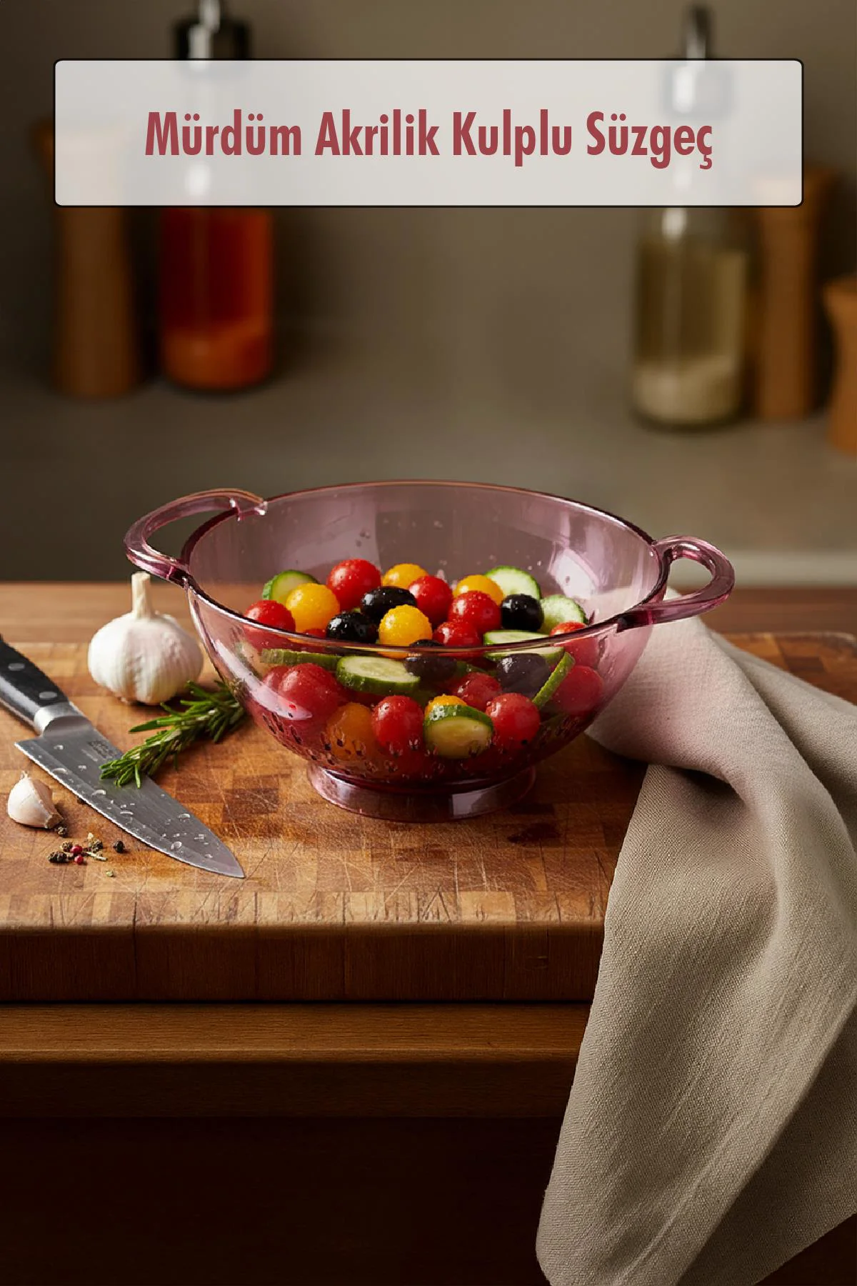 Mürdüm Akrilik Kulplu Süzgeç – 23,5x30 cm Salata ve Makarna Süzme Kabı