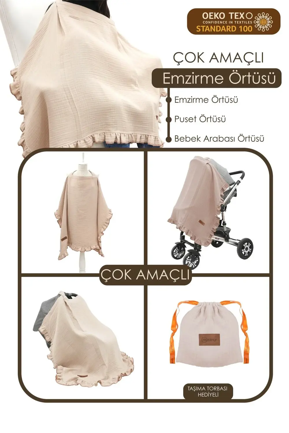 Mordesign Müslin Bebek Emzirme Örtüsü/Önlüğü; Puset, Bebek Arabası Örtüsü,