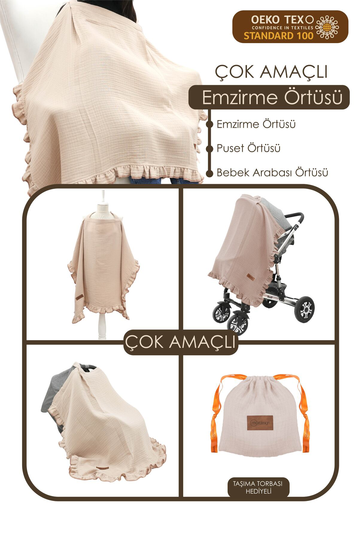 Mordesign Müslin Bebek Emzirme Örtüsü/Önlüğü; Puset, Bebek Arabası Örtüsü,