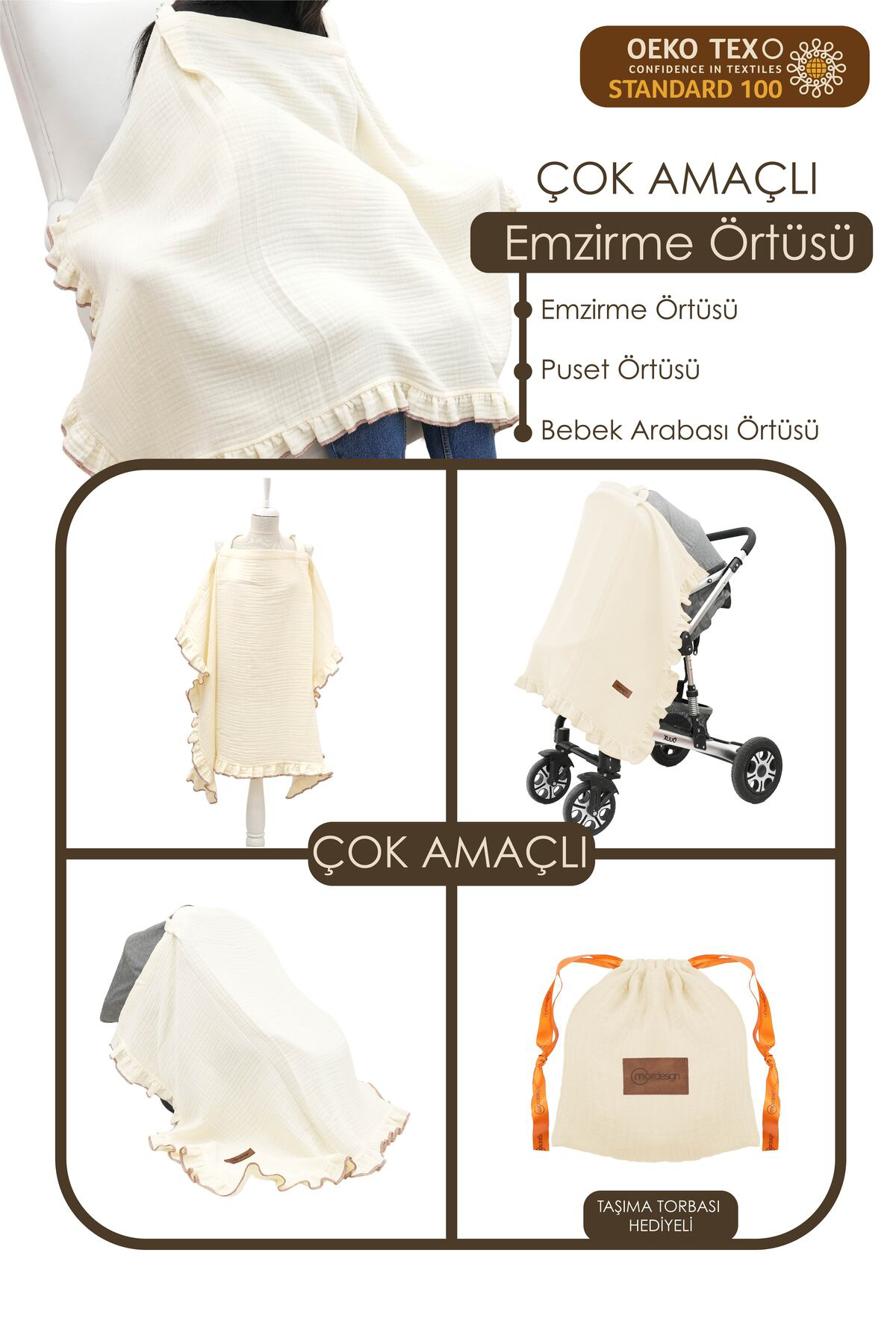Mordesign Müslin Bebek Emzirme Örtüsü/Önlüğü; Puset, Bebek Arabası Örtüsü,