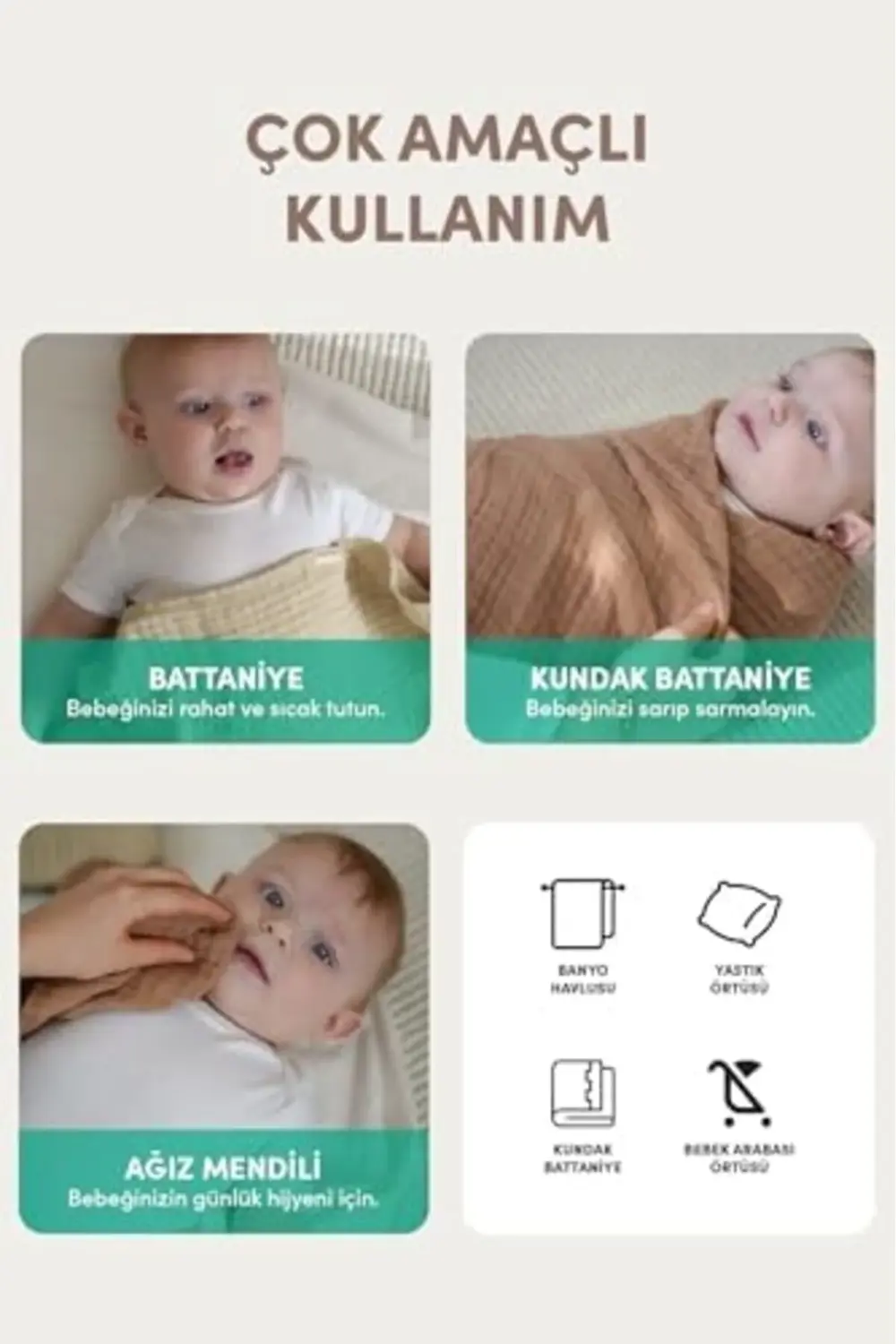 Müslin Bebek Kundak Örtüsü 120X120 cm -%100 Pamuk 4 Kat Müslin Be