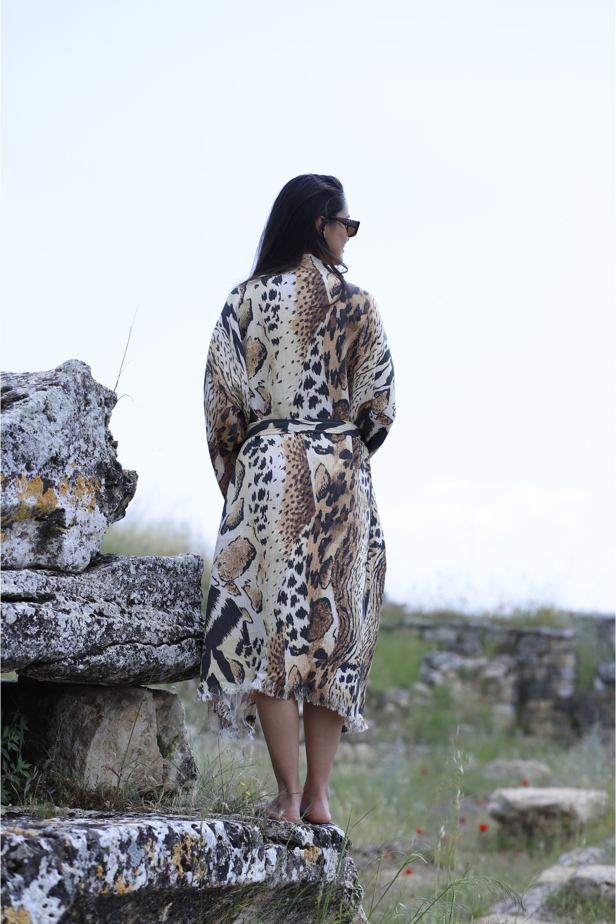 Müslin Kimono %100 Pamuklu Dijital Leopar Baskılı Bornoz Kaftan S