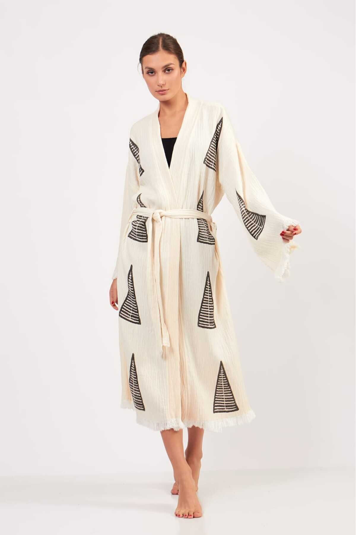 Müslin Kimono %100 Pamuklu Piramit Desenli Bornoz Kaftan Sabahlık
