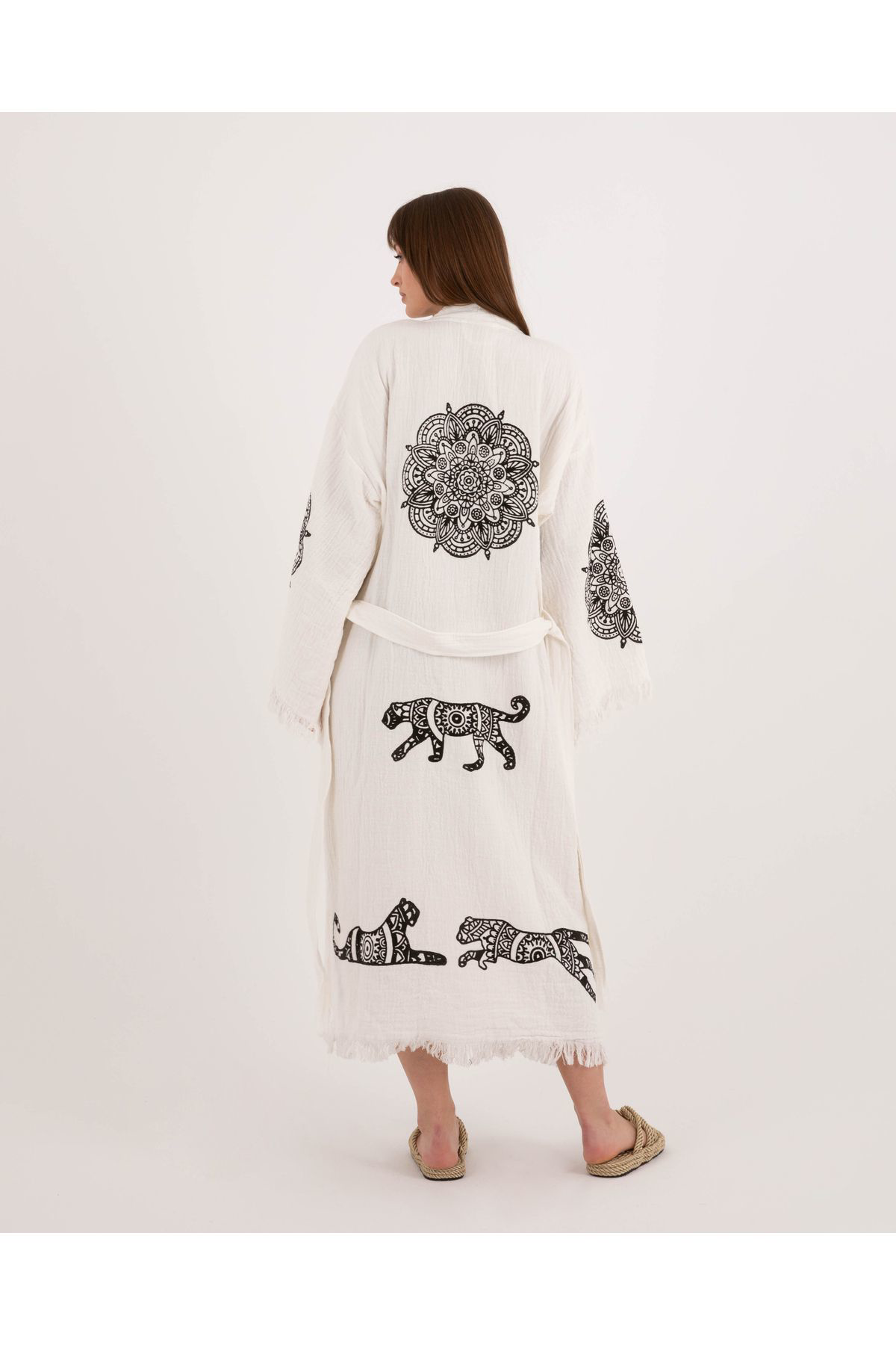Müslin Kimono %100 Pamuklu Leopar Baskılı Desenli Bornoz Kaftan S