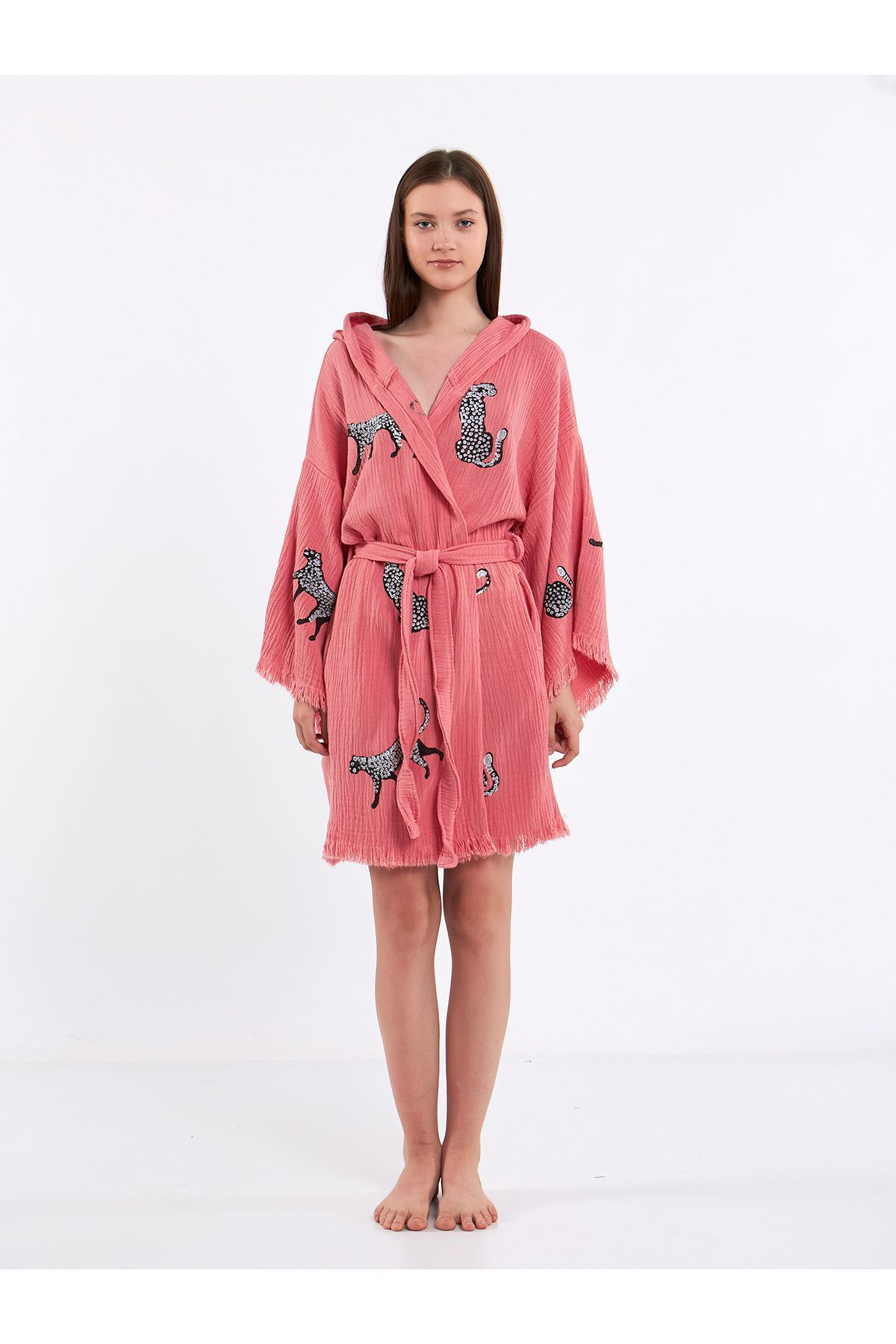 Müslin Kimono %100 Pamuklu Leopar Desenli Pudra Pembe Pareo Borno