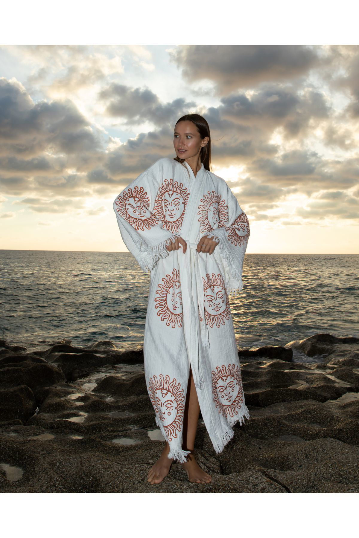Müslin Kimono %100 Pamuklu Güneş Baskılı Desenli Bornoz Kaftan Sa