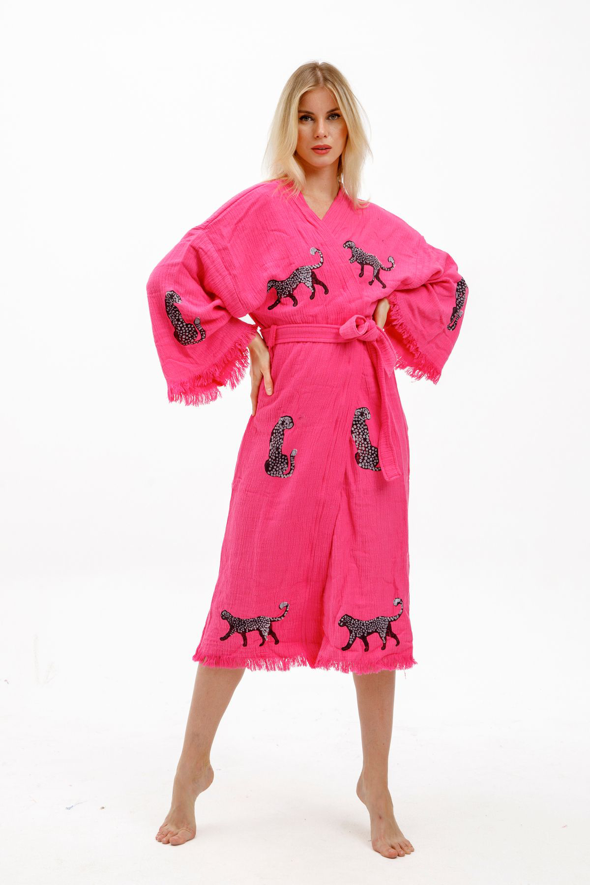 Müslin Kimono %100 Pamuklu Leopar Baskılı Desenli Bornoz Kaftan S