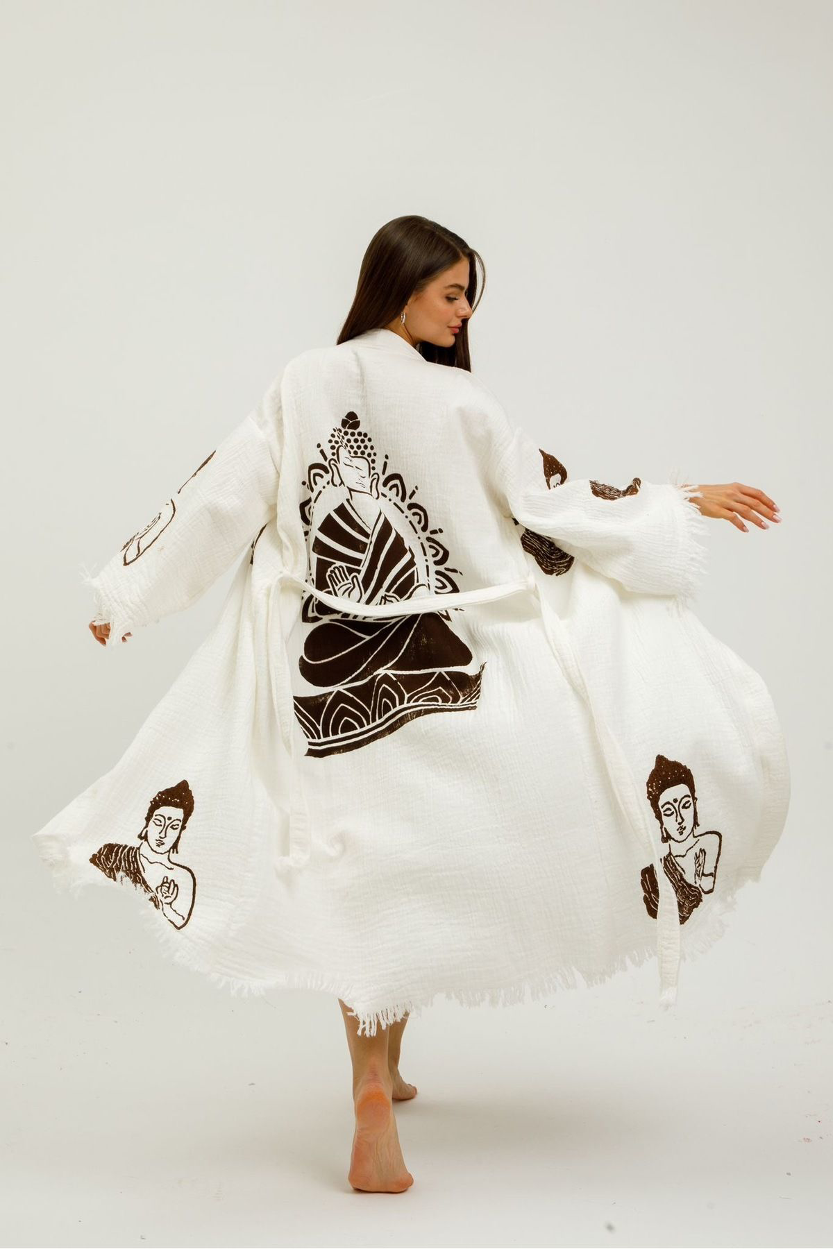 Müslin Kimono %100 Pamuklu Buda Baskılı Desenli Bornoz Kaftan Sab